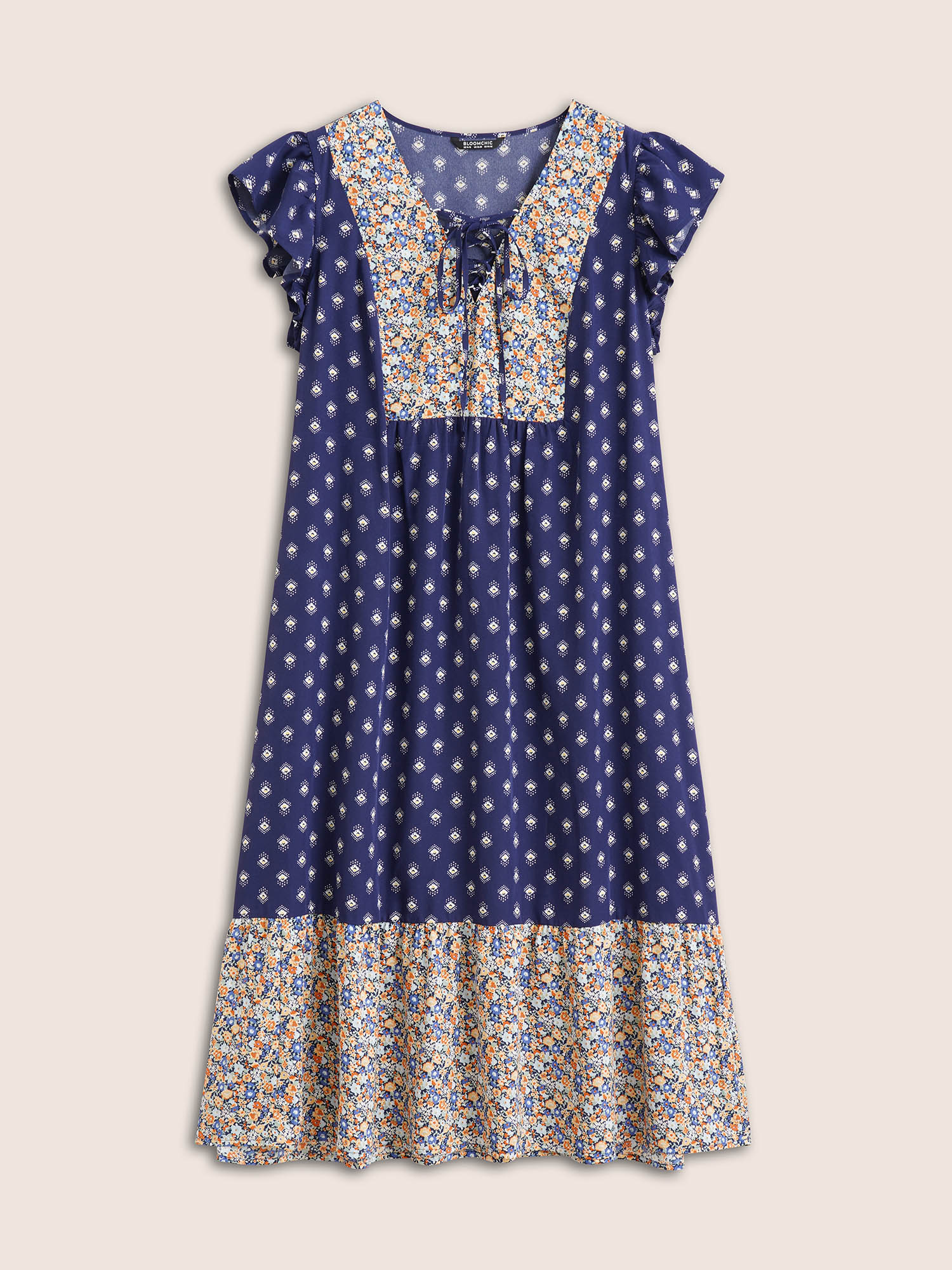 Plus Size Boho Print Ruffle Cap Sleeve Lace Up Dress DarkBlue Women Resort Non V-neck Cap Sleeve Curvy Midi Dress BloomChic 22-24/3X 