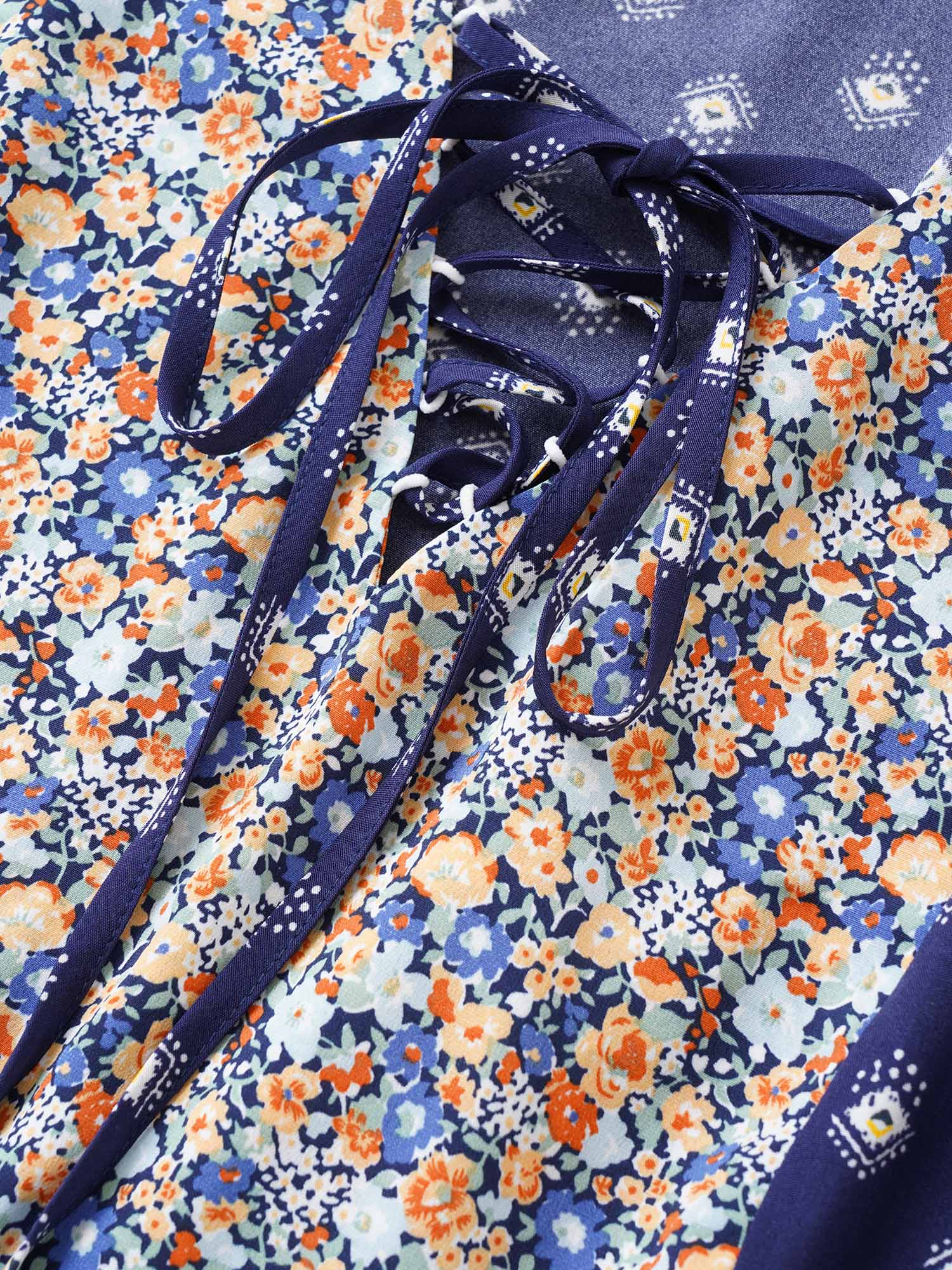 Plus Size Boho Print Ruffle Cap Sleeve Lace Up Dress DarkBlue Women Resort Non V-neck Cap Sleeve Curvy Midi Dress BloomChic 22-24/3X 
