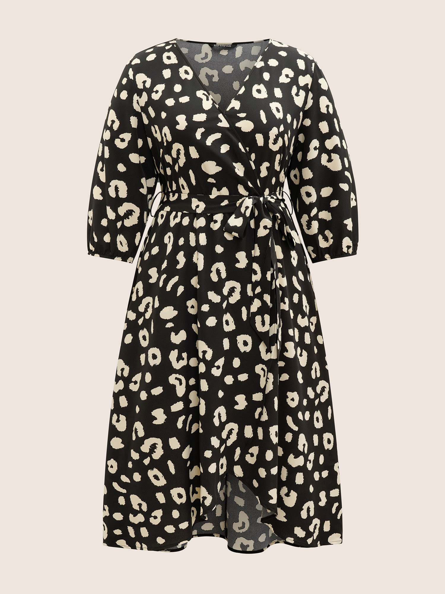 

Plus Size Leopard Overlap Collar Elastic Waist Belted Dress Black Women Non Curvy Midi Dress BloomChic