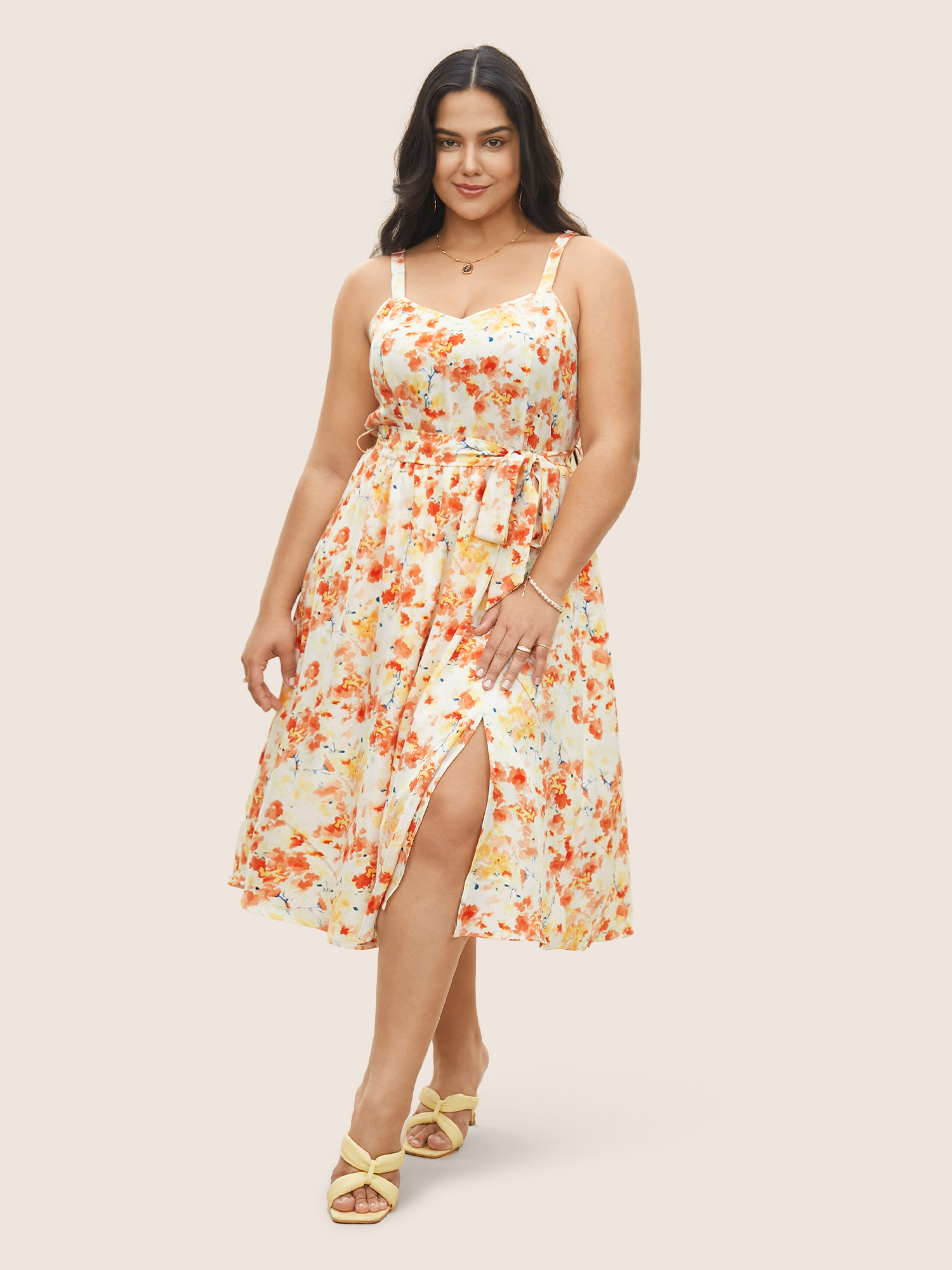 

Plus Size Ditsy Floral Elastic Waist Belted Adjustable Straps Dress Coral Women Non Non Curvy Midi Dress BloomChic