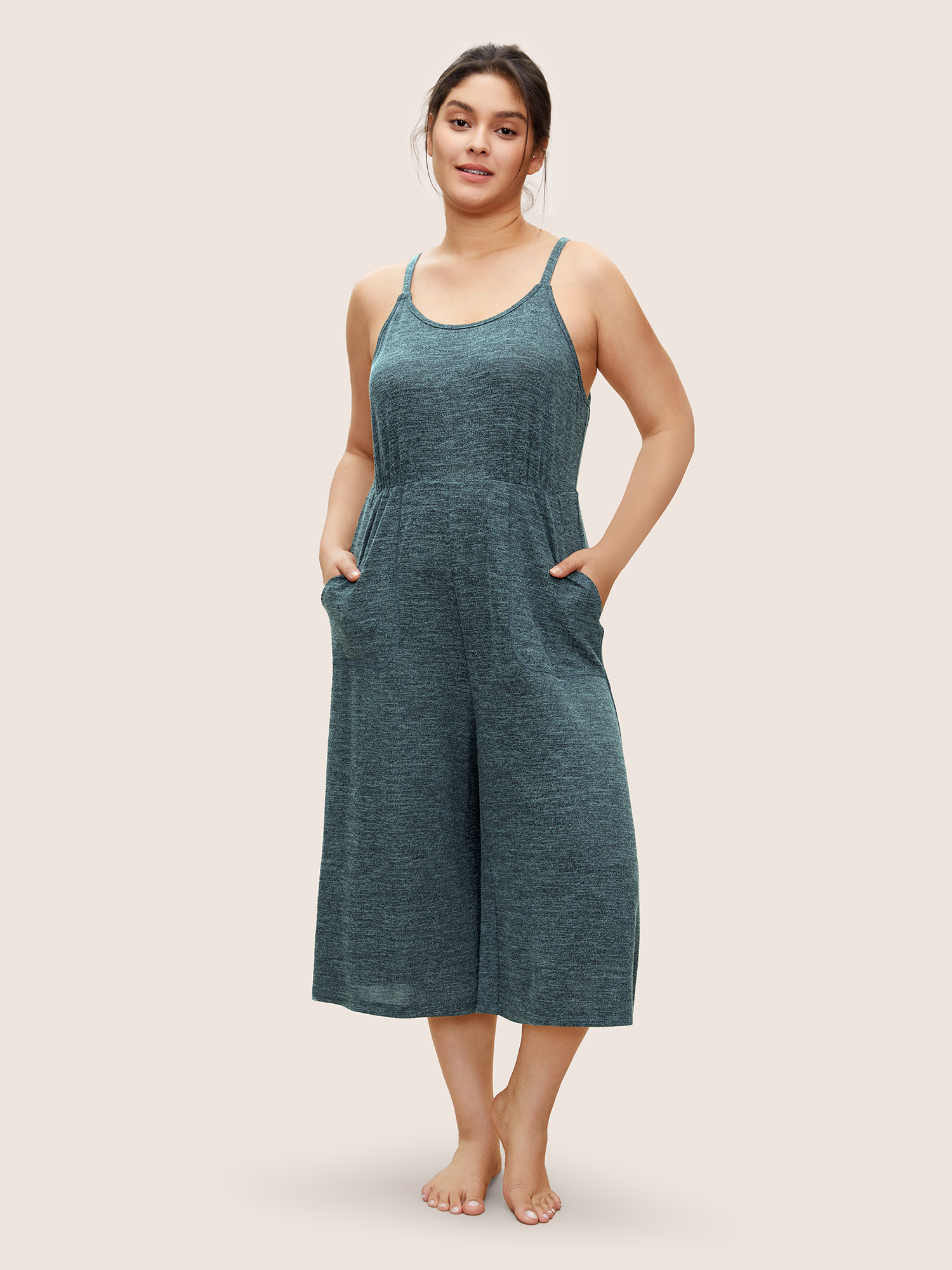 

Plus Size Solid Heather Adjustable Straps Pocket Sleep Jumpsuit Cyan Slanted pocket Everyday Lounge Sleep Jumpsuits/Rompers  Bloomchic