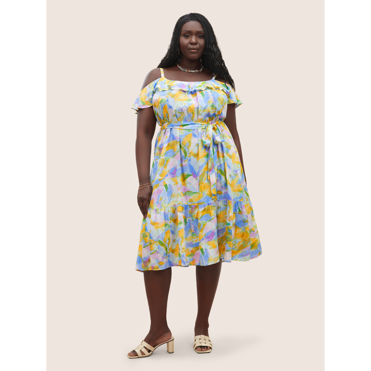 

Plus Size Rayon Pixel Flower Print Ruffles Pocket Dress Multicolor Women Non Non Curvy Midi Dress BloomChic