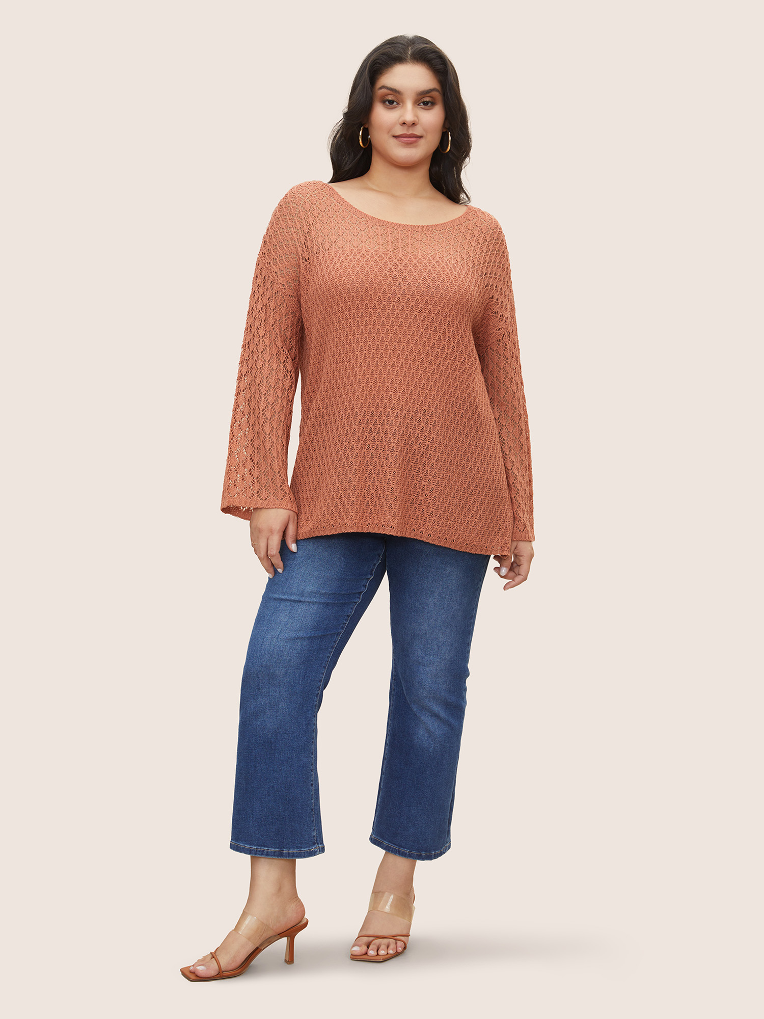 Plus Size Texture Cut Out See Through Sweater T-shirt Coral Long Sleeve Round Neck Casual Knit Tops 28/5X Bloomchic 