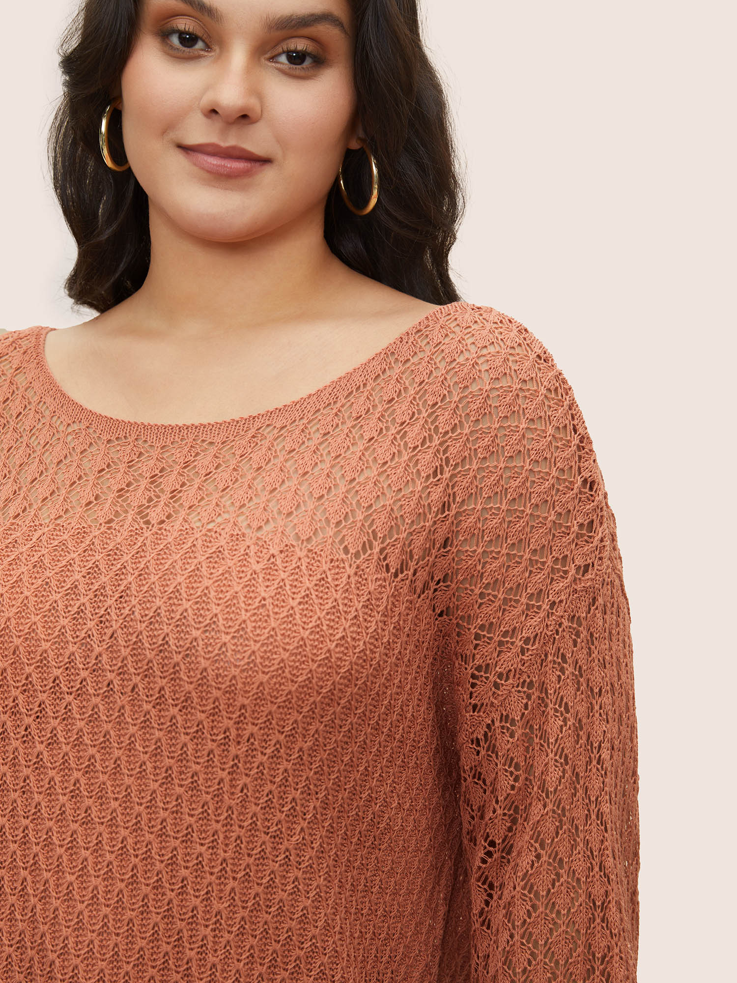 Plus Size Texture Cut Out See Through Sweater T-shirt Coral Long Sleeve Round Neck Casual Knit Tops 28/5X Bloomchic 