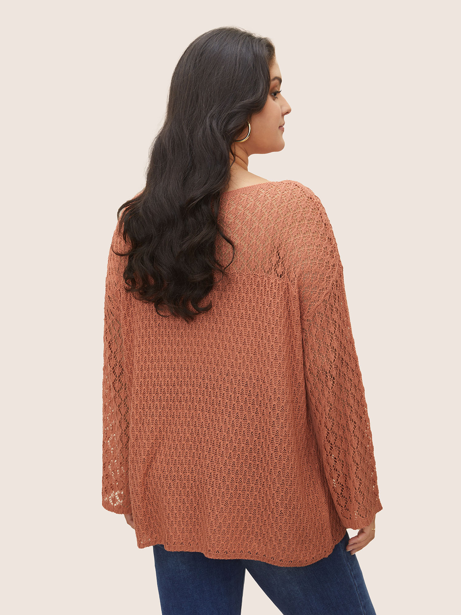 Plus Size Texture Cut Out See Through Sweater T-shirt Coral Long Sleeve Round Neck Casual Knit Tops 28/5X Bloomchic 