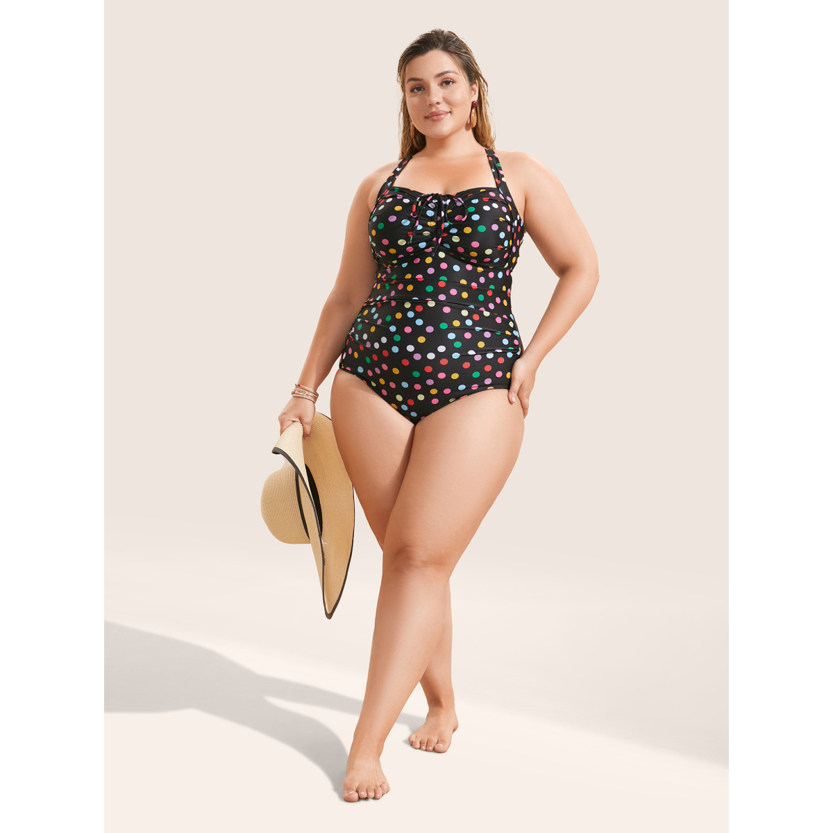 

Plus Size Colored Polka Dot Ties Ruched One Piece Swimsuit Women's Swimwear Black Beach Tie knot Curve Bathing Suits High stretch One Pieces BloomChic