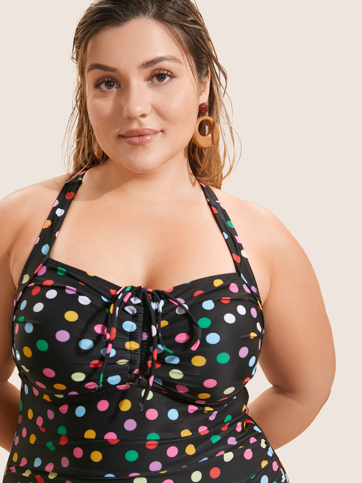 Plus Size Colored Polka Dot Ties Ruched One Piece Swimsuit Women`s Swimwear Black Beach Tie knot Curve Bathing Suits High stretch One Pieces BloomChic 12/L 