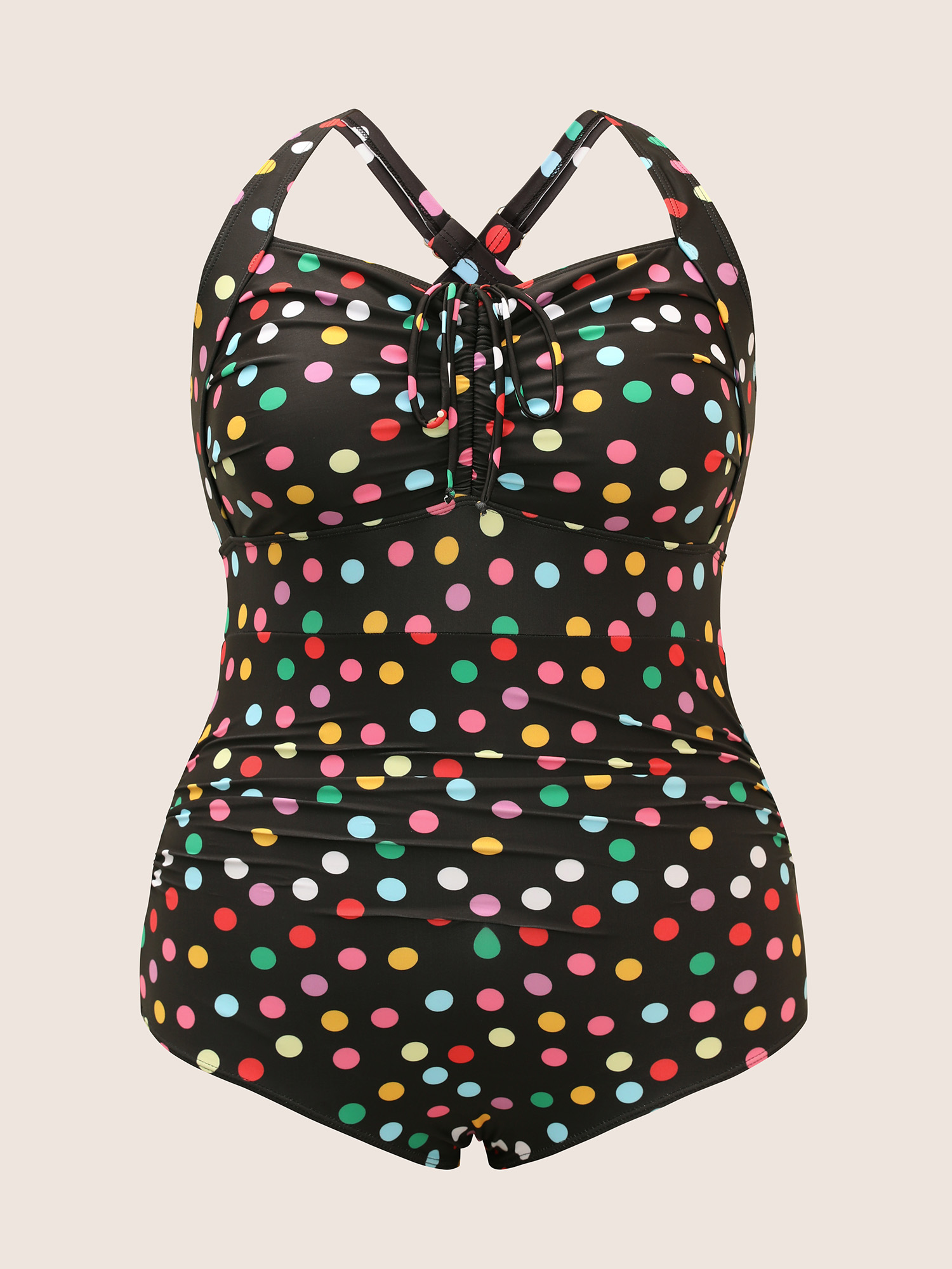 Plus Size Colored Polka Dot Ties Ruched One Piece Swimsuit Women`s Swimwear Black Beach Tie knot Curve Bathing Suits High stretch One Pieces BloomChic 12/L 