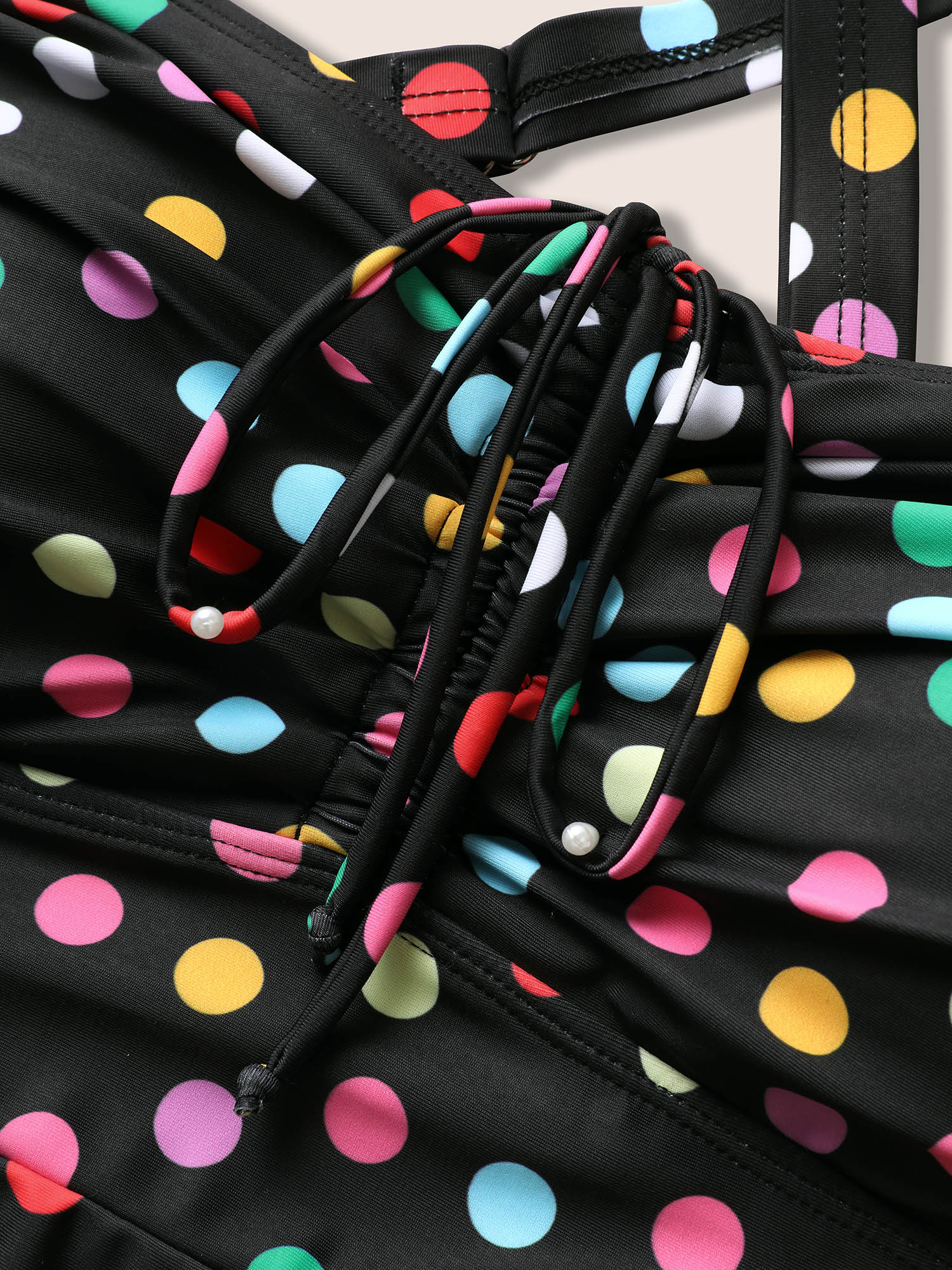 Plus Size Colored Polka Dot Ties Ruched One Piece Swimsuit Women`s Swimwear Black Beach Tie knot Curve Bathing Suits High stretch One Pieces BloomChic 12/L 