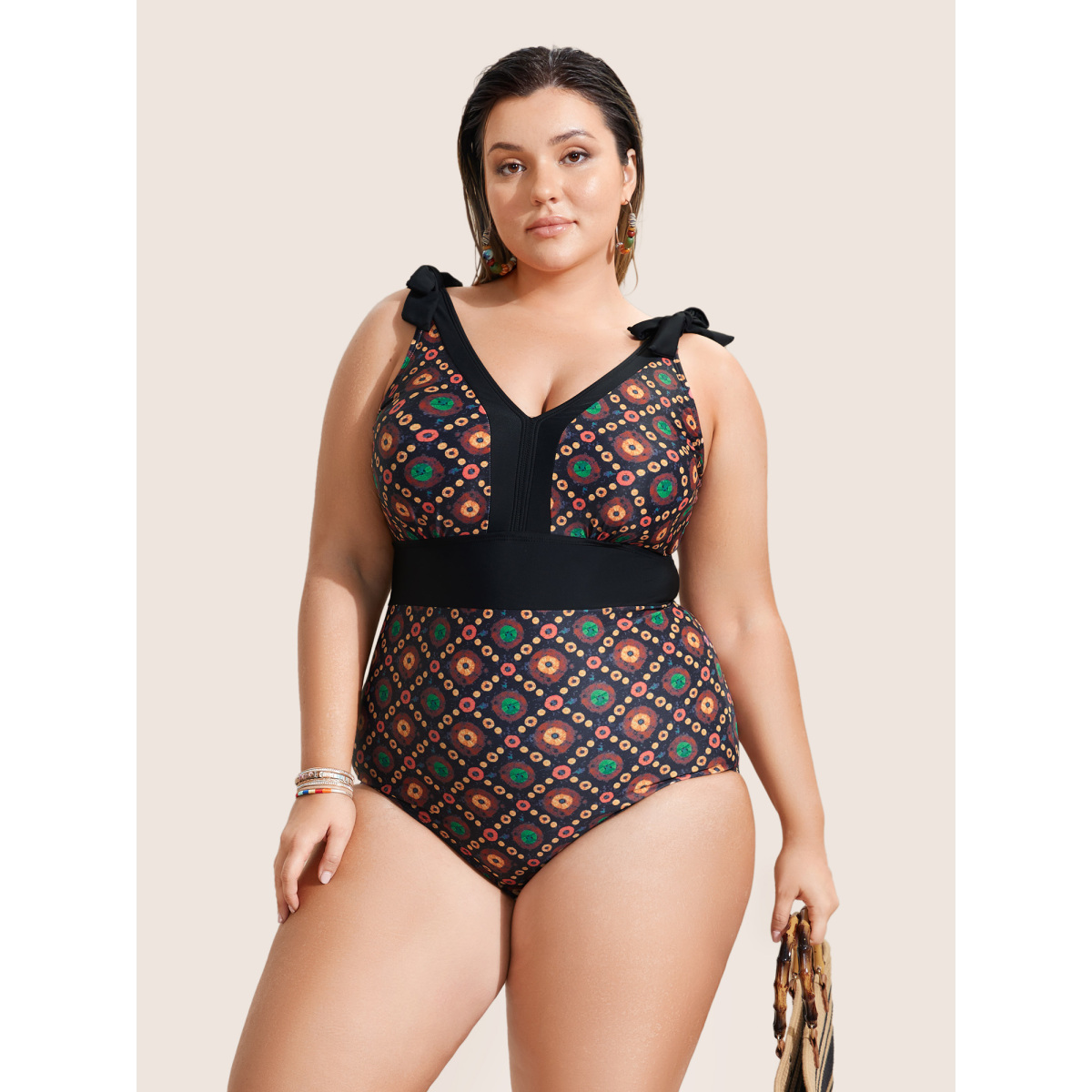 

Plus Size Bandana Print Two Tone Knotted One Piece Swimsuit Women's Swimwear DarkBrown Beach Non Curve Bathing Suits No stretch One Pieces BloomChic