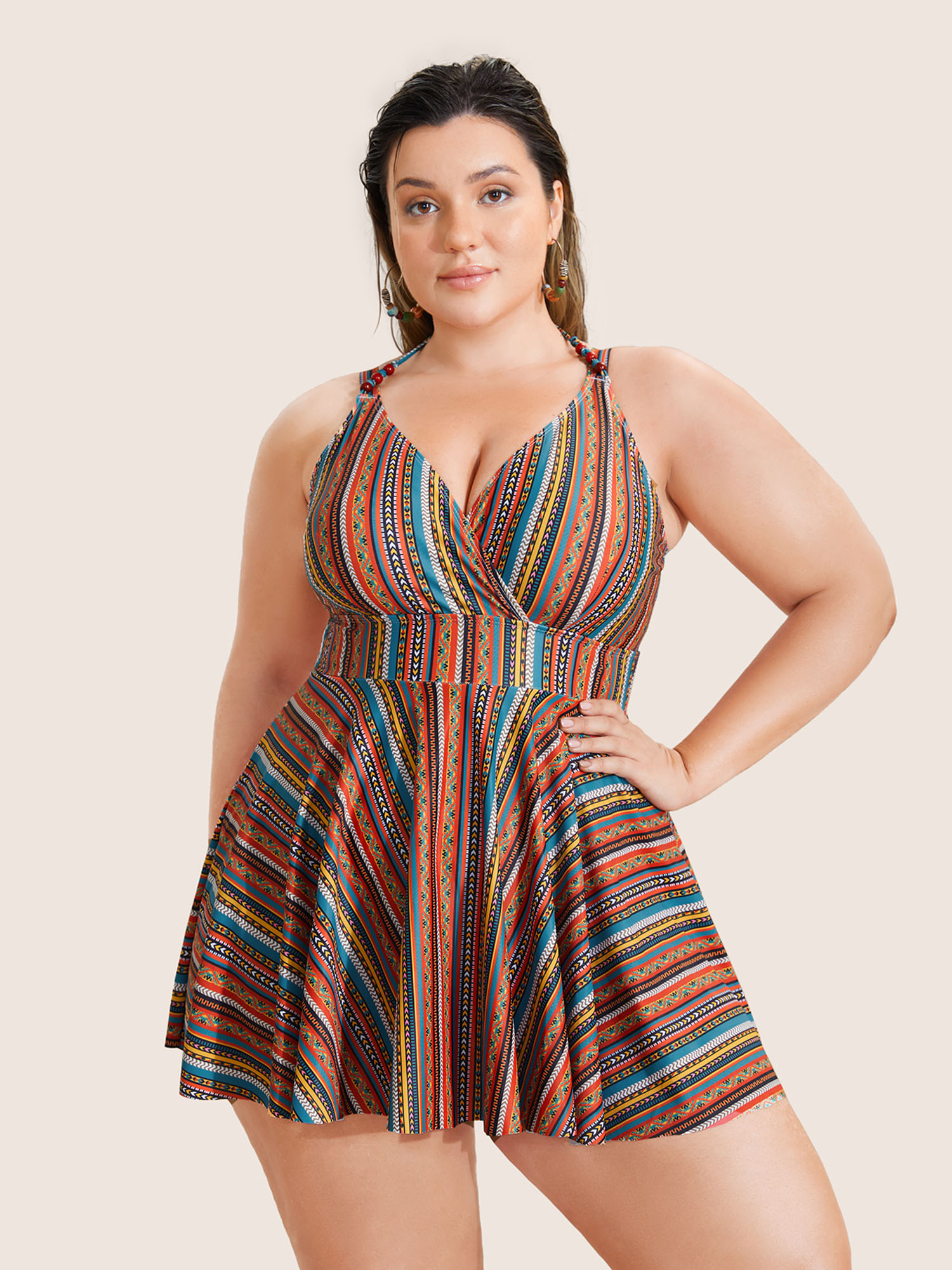 

Plus Size Bandana Striped Print Adjustable Straps Swim Dress Women's Swimwear OrangeRed Beach Bodycon V-neck High stretch Curve Swim Dresses BloomChic