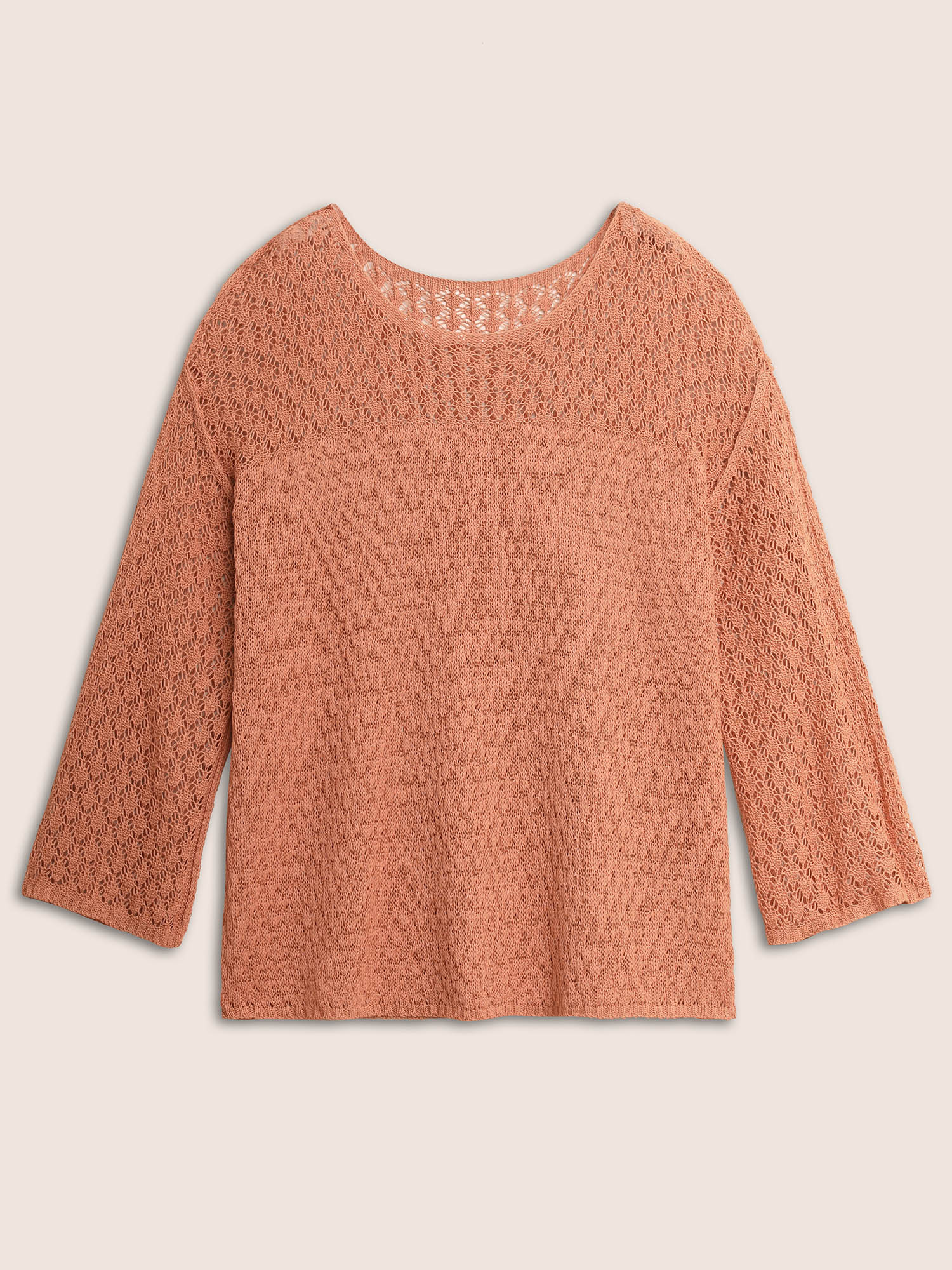 

Plus Size Texture Cut Out See Through Sweater T-shirt Coral Long Sleeve Round Neck Casual Knit Tops  Bloomchic
