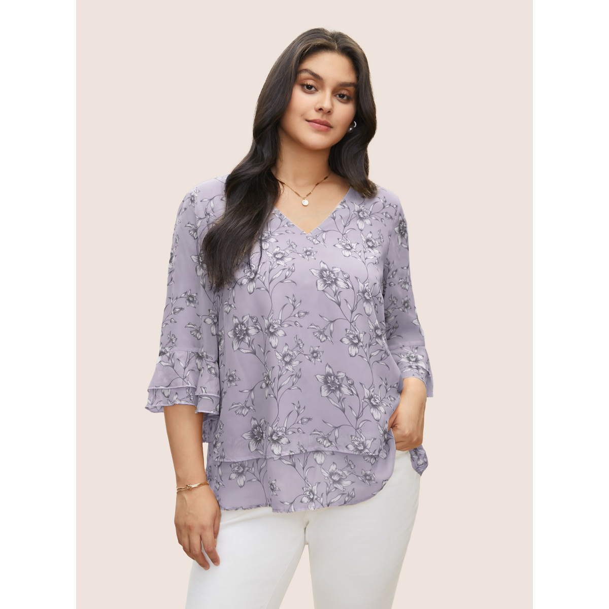 

Plus Size Lilac Daffodils Print Tiered Ruffle Sleeve Mesh Blouse Women Elegant Elbow-length sleeve V-neck Everyday Blouses BloomChic