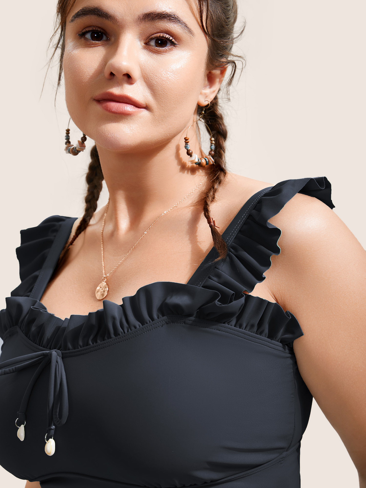 Plus Size Solid Ruffle Trim Ties Adjustable Straps Swim Top Women`s Swimwear Black Beach Non High stretch Skinny Non Curve Swim Tops BloomChic 14-16/1X 