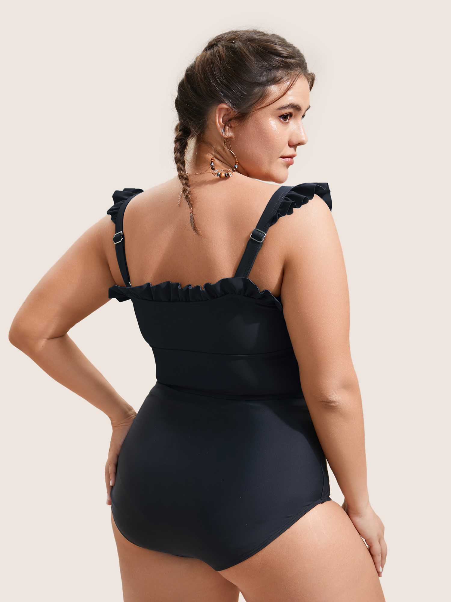 Plus Size Solid Ruffle Trim Ties Adjustable Straps Swim Top Women`s Swimwear Black Beach Non High stretch Skinny Non Curve Swim Tops BloomChic 14-16/1X 