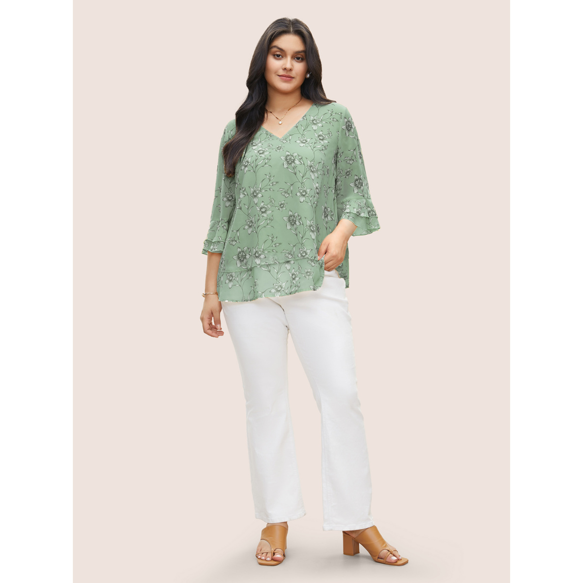 

Plus Size Mint Daffodils Print Tiered Ruffle Sleeve Mesh Blouse Women Elegant Elbow-length sleeve V-neck Everyday Blouses BloomChic