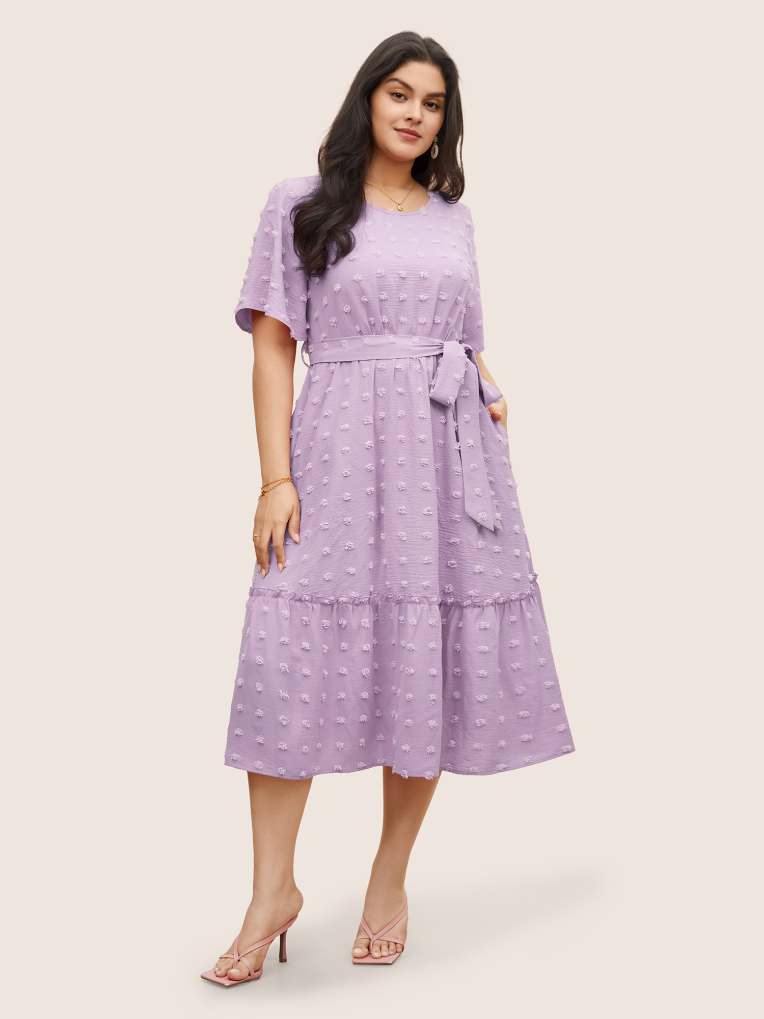 

Plus Size Solid Textured Patchwork Frill Trim Belted Dress Lilac Women Elegant Non Round Neck Short sleeve Curvy Midi Dress BloomChic