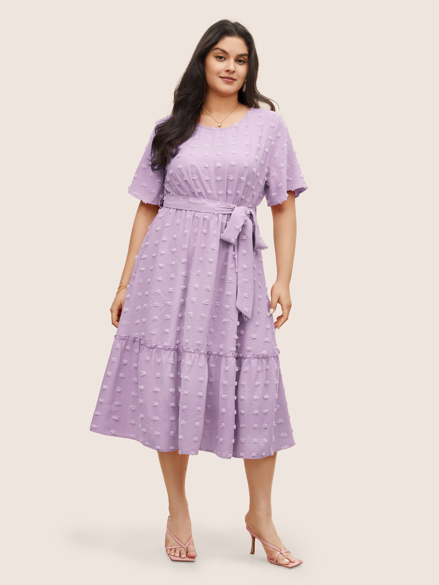

Plus Size Solid Textured Patchwork Frill Trim Belted Dress Lilac Women Non Round Neck Short sleeve Curvy Midi Dress BloomChic