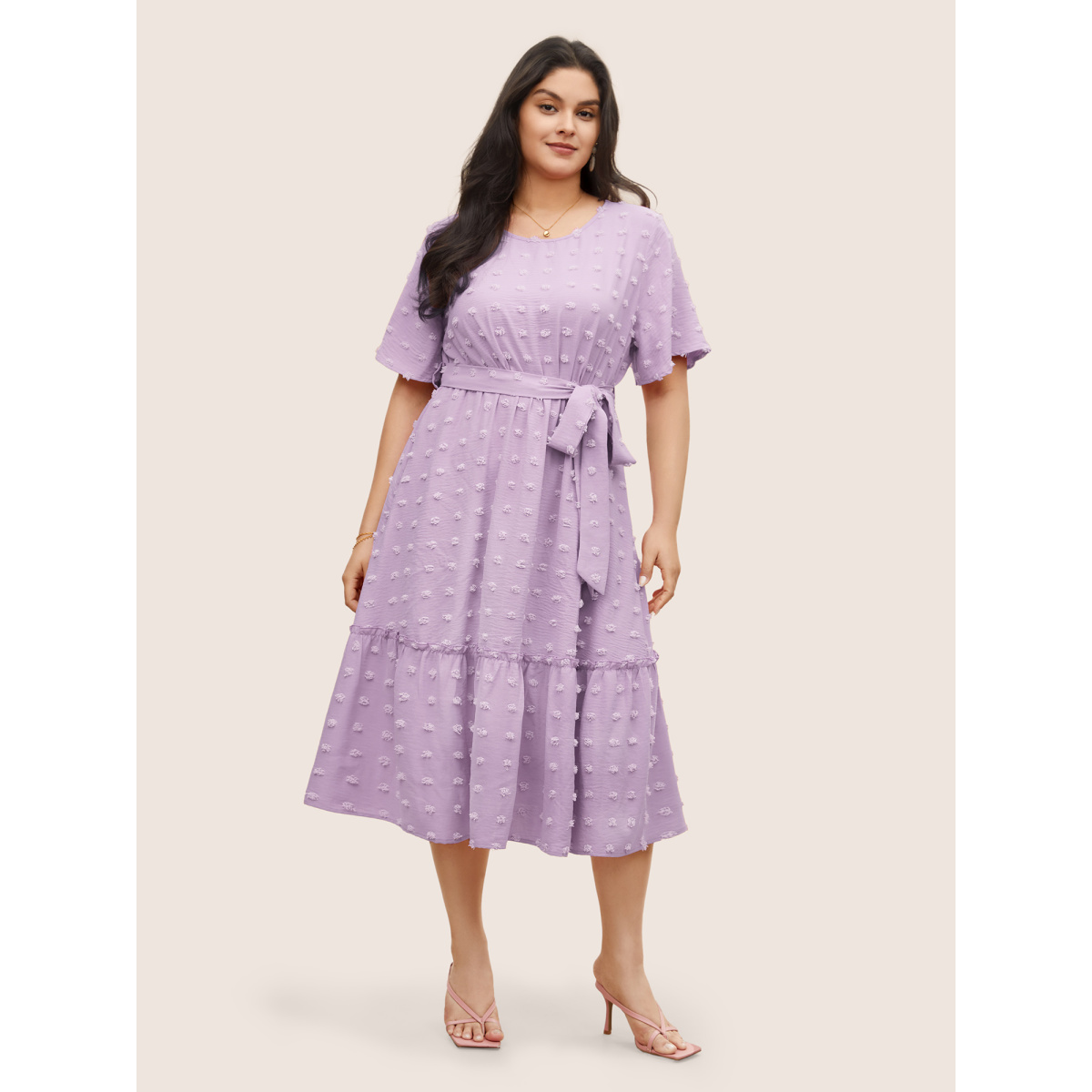 

Plus Size Solid Textured Patchwork Frill Trim Belted Dress Lilac Women Non Round Neck Short sleeve Curvy Midi Dress BloomChic