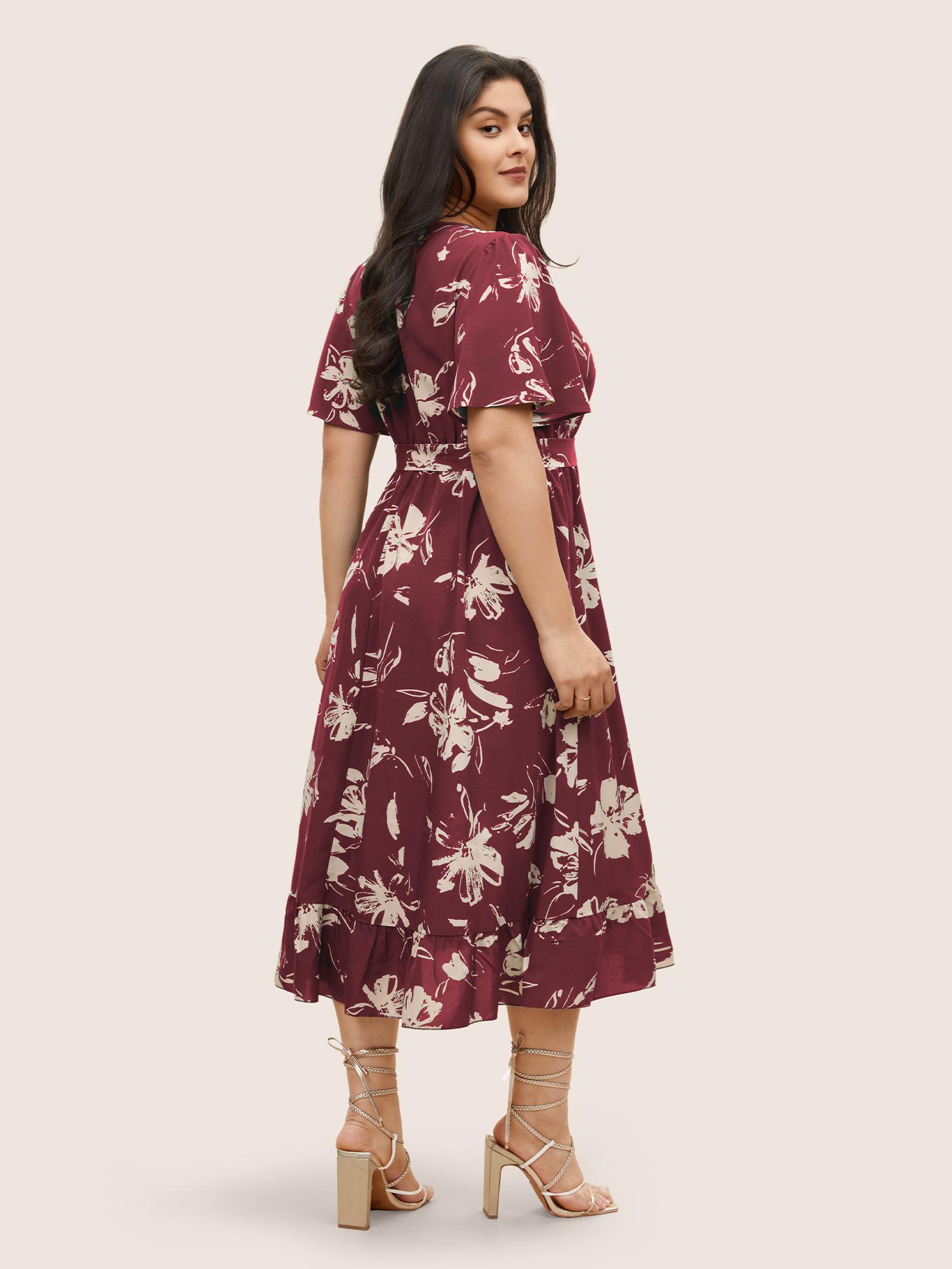 

Plus Size Floral Wrap Elastic Waist Belted Ruffle Sleeve Dress Crimson Women Non Overlap Collar Short sleeve Curvy Midi Dress BloomChic