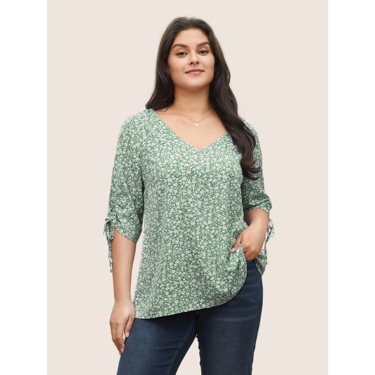 

Plus Size Mint Ditsy Floral Knot Ties Sleeve Blouse Women Elegant Elbow-length sleeve V-neck Everyday Blouses BloomChic