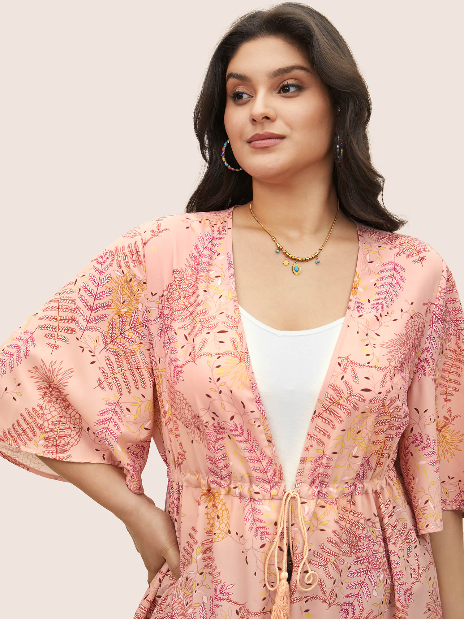 

Plus Size Tropical Print Drawstring Tassels Kimono Women Salmon Resort Tie knot Vacation Kimonos BloomChic