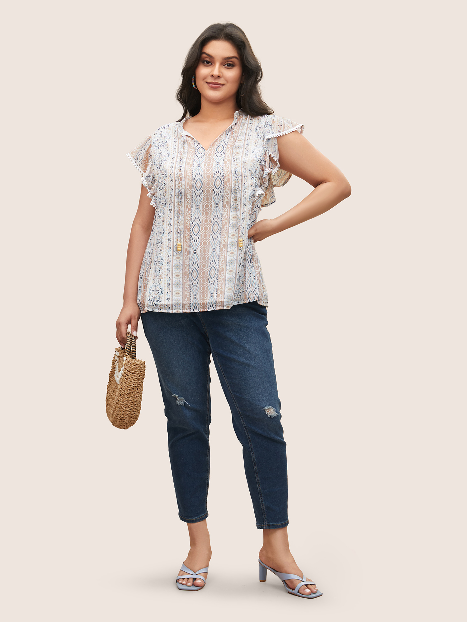 Plus Size Multicolor Boho Print Pompom Trim Ruffle Cap Sleeve Blouse Women Resort Cap Sleeve Ribbon-tied collar Vacation Blouses BloomChic 18-20/2X 