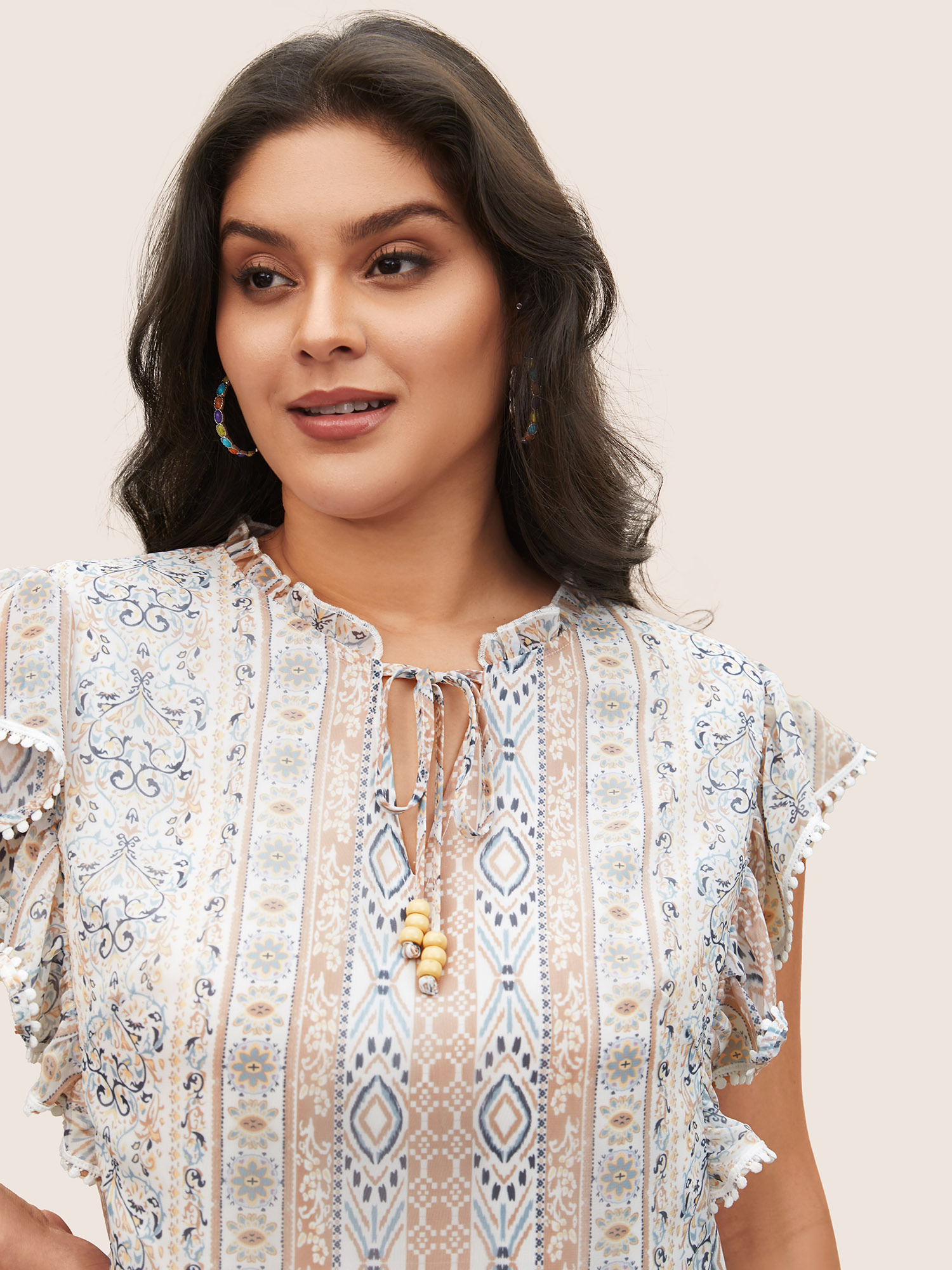 Plus Size Multicolor Boho Print Pompom Trim Ruffle Cap Sleeve Blouse Women Resort Cap Sleeve Ribbon-tied collar Vacation Blouses BloomChic 18-20/2X 