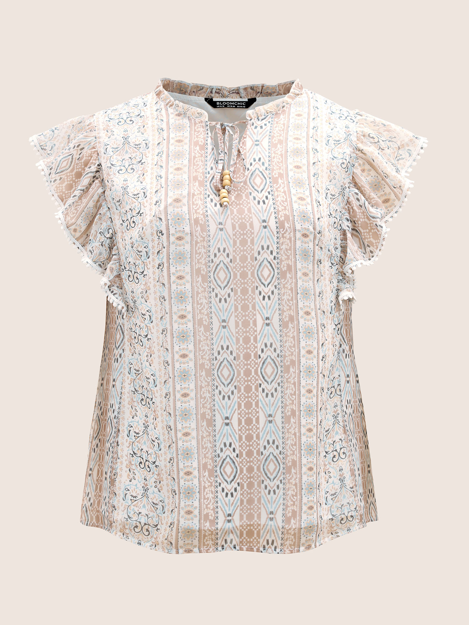 Plus Size Multicolor Boho Print Pompom Trim Ruffle Cap Sleeve Blouse Women Resort Cap Sleeve Ribbon-tied collar Vacation Blouses BloomChic 18-20/2X 