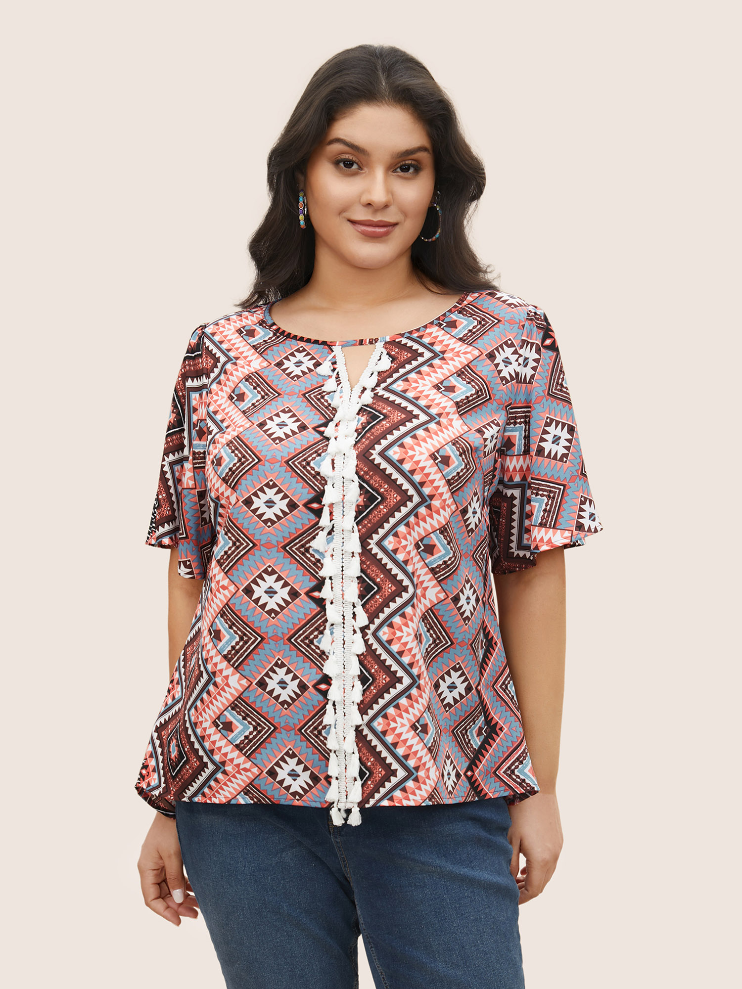 

Plus Size Multicolor Bandana Keyhole Tassels Lace trim Blouse Women Resort Short sleeve Round Neck Vacation Blouses BloomChic