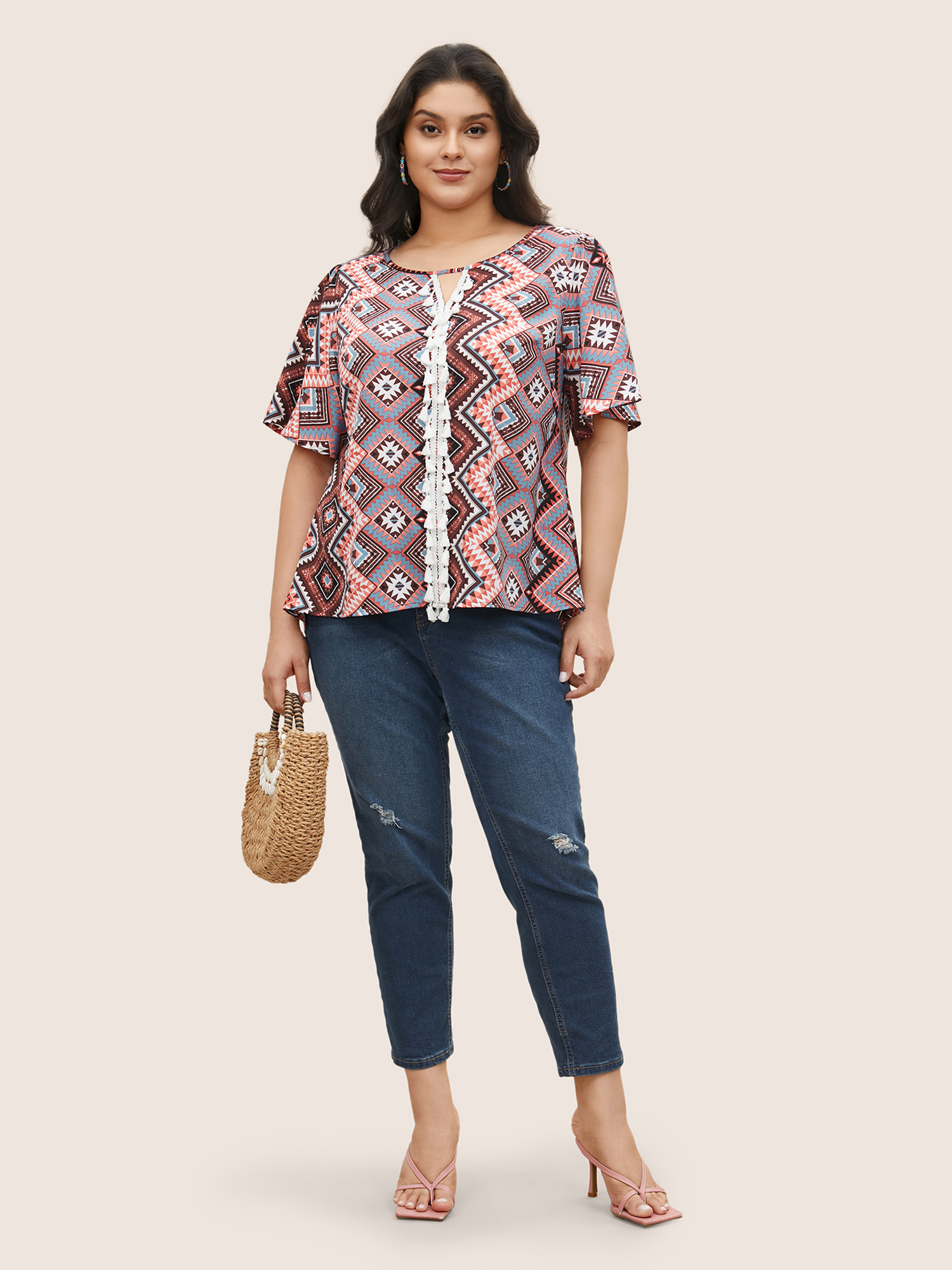 Plus Size Multicolor Bandana Keyhole Tassels Lace trim Blouse Women Resort Short sleeve Round Neck Vacation Blouses BloomChic 18-20/2X 