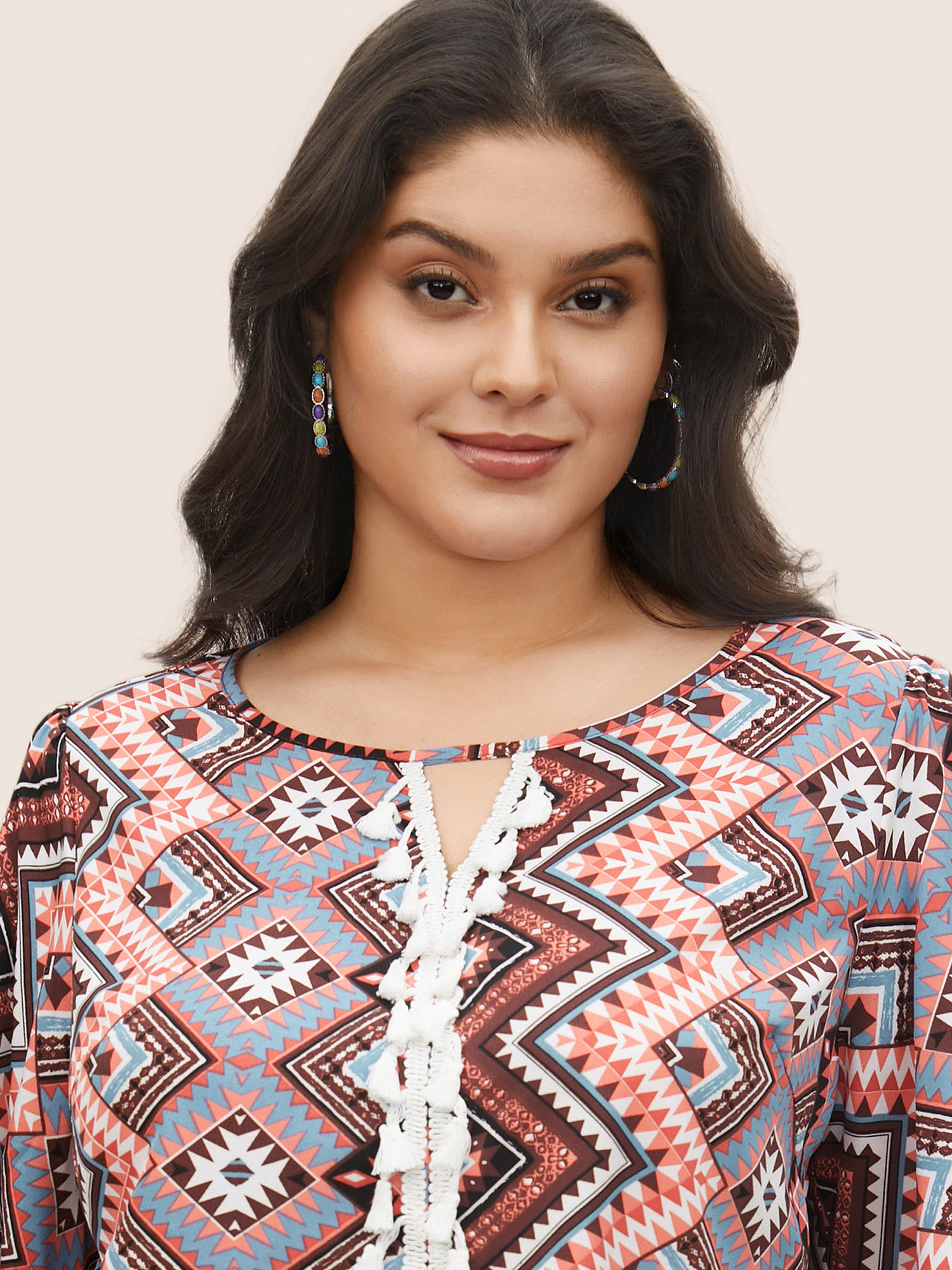 Plus Size Multicolor Bandana Keyhole Tassels Lace trim Blouse Women Resort Short sleeve Round Neck Vacation Blouses BloomChic 18-20/2X 