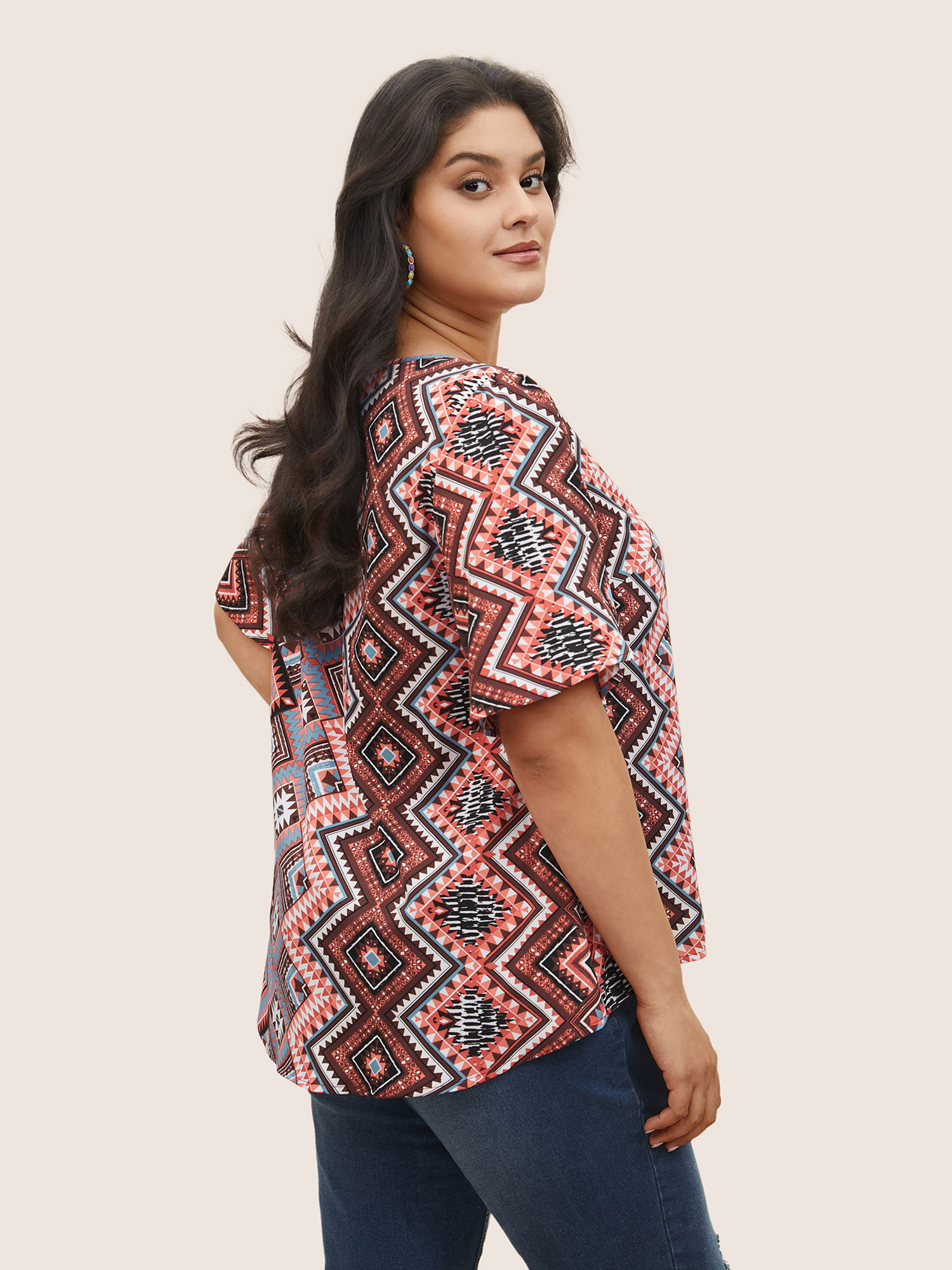 Plus Size Multicolor Bandana Keyhole Tassels Lace trim Blouse Women Resort Short sleeve Round Neck Vacation Blouses BloomChic 18-20/2X 
