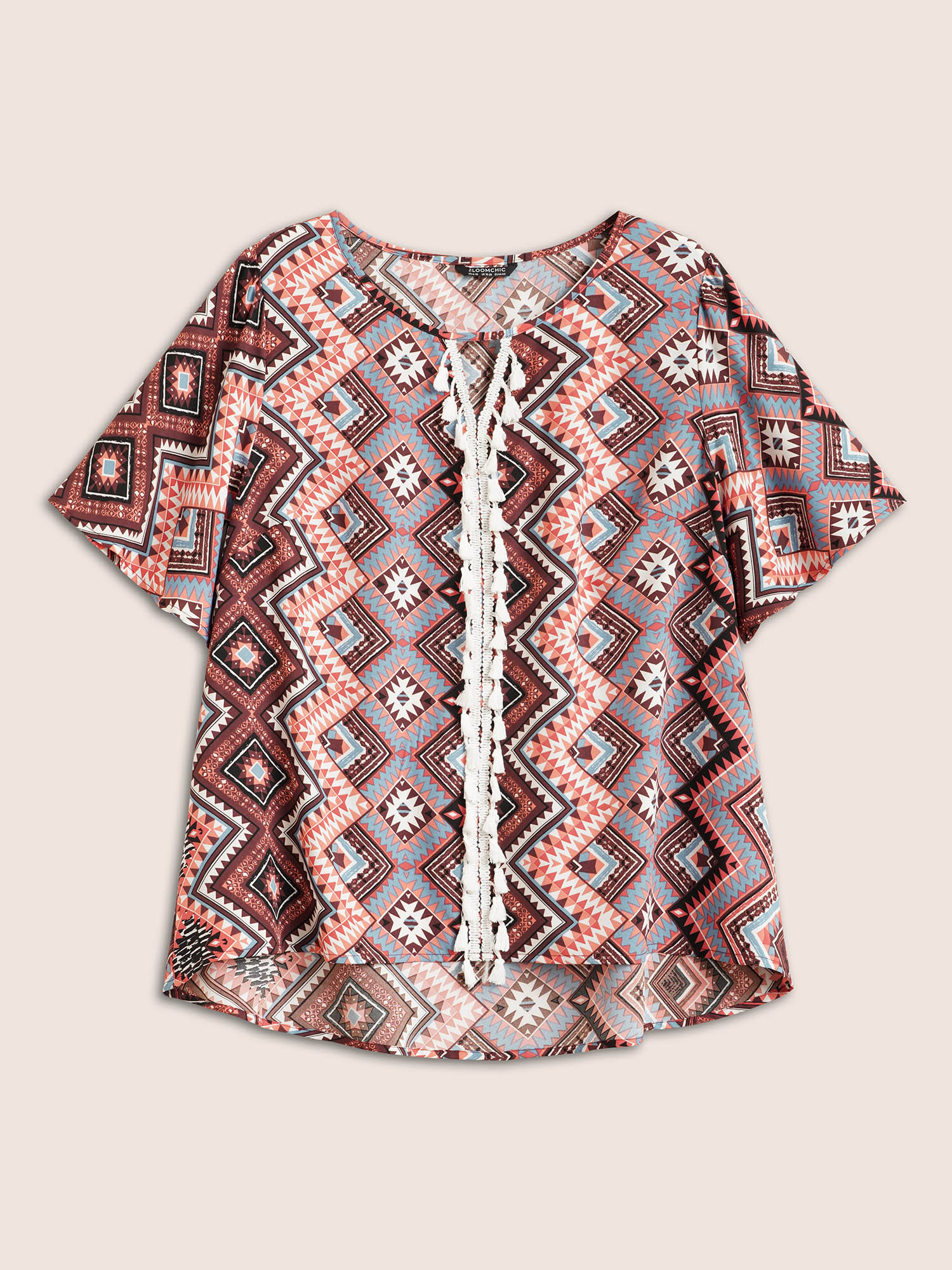 Plus Size Multicolor Bandana Keyhole Tassels Lace trim Blouse Women Resort Short sleeve Round Neck Vacation Blouses BloomChic 18-20/2X 
