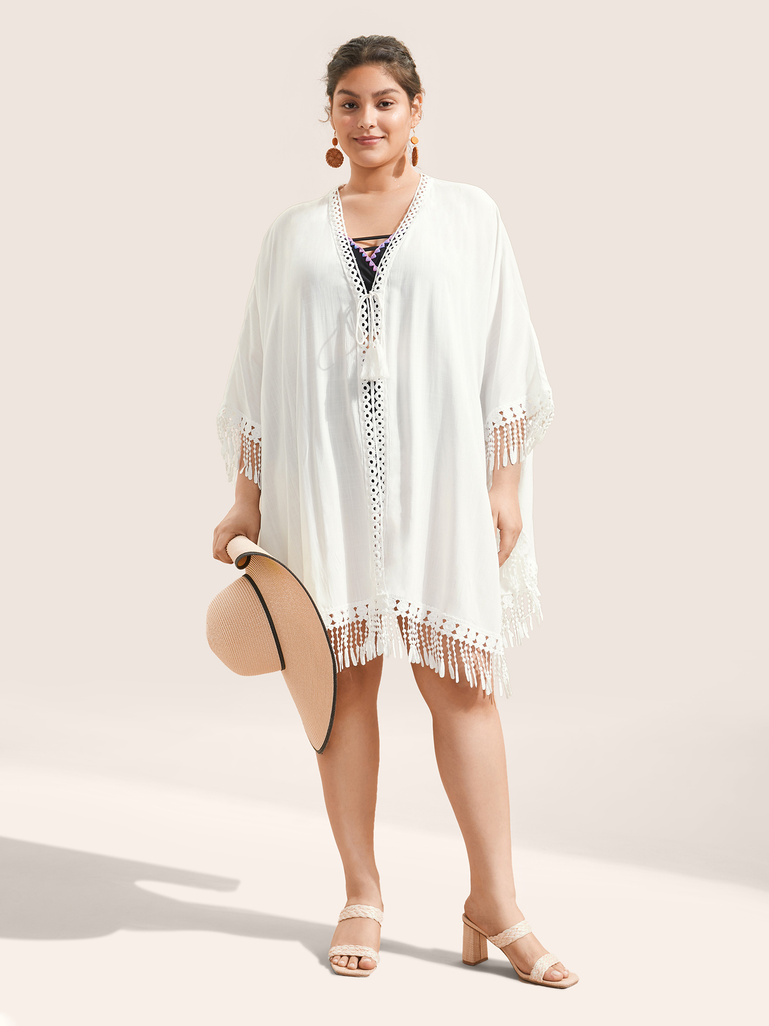 

Plus Size Solid Tie Knot Lace Trim Tassels Kimono Women White Resort Woven ribbon&lace trim Loose Vacation Kimonos BloomChic