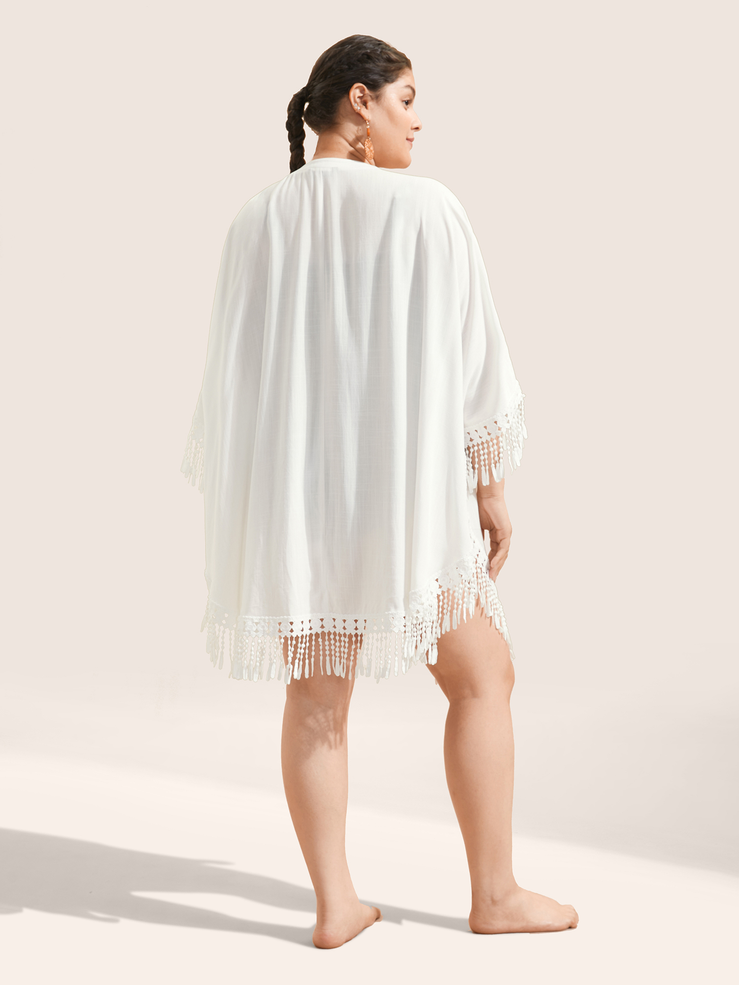 

Plus Size Solid Tie Knot Lace Trim Tassels Kimono Women White Resort Woven ribbon&lace trim Loose Vacation Kimonos BloomChic