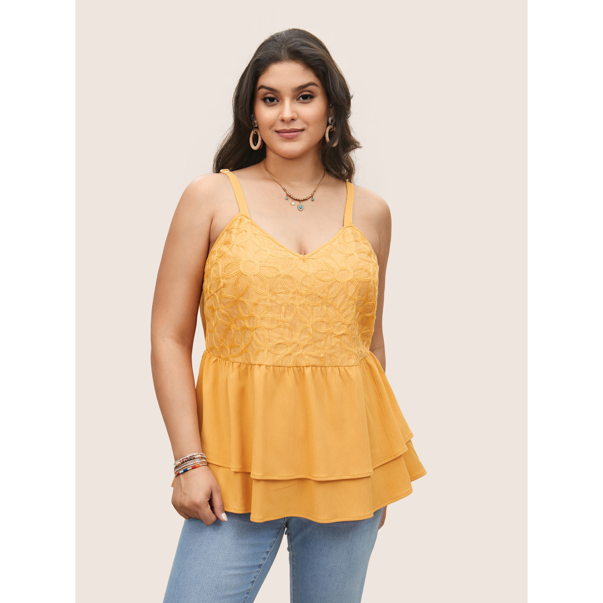 

Plus Size Floral Texture Ruffle Layered Hem Cami Top Women Orange Resort Woven ribbon&lace trim Non Vacation Tank Tops Camis BloomChic