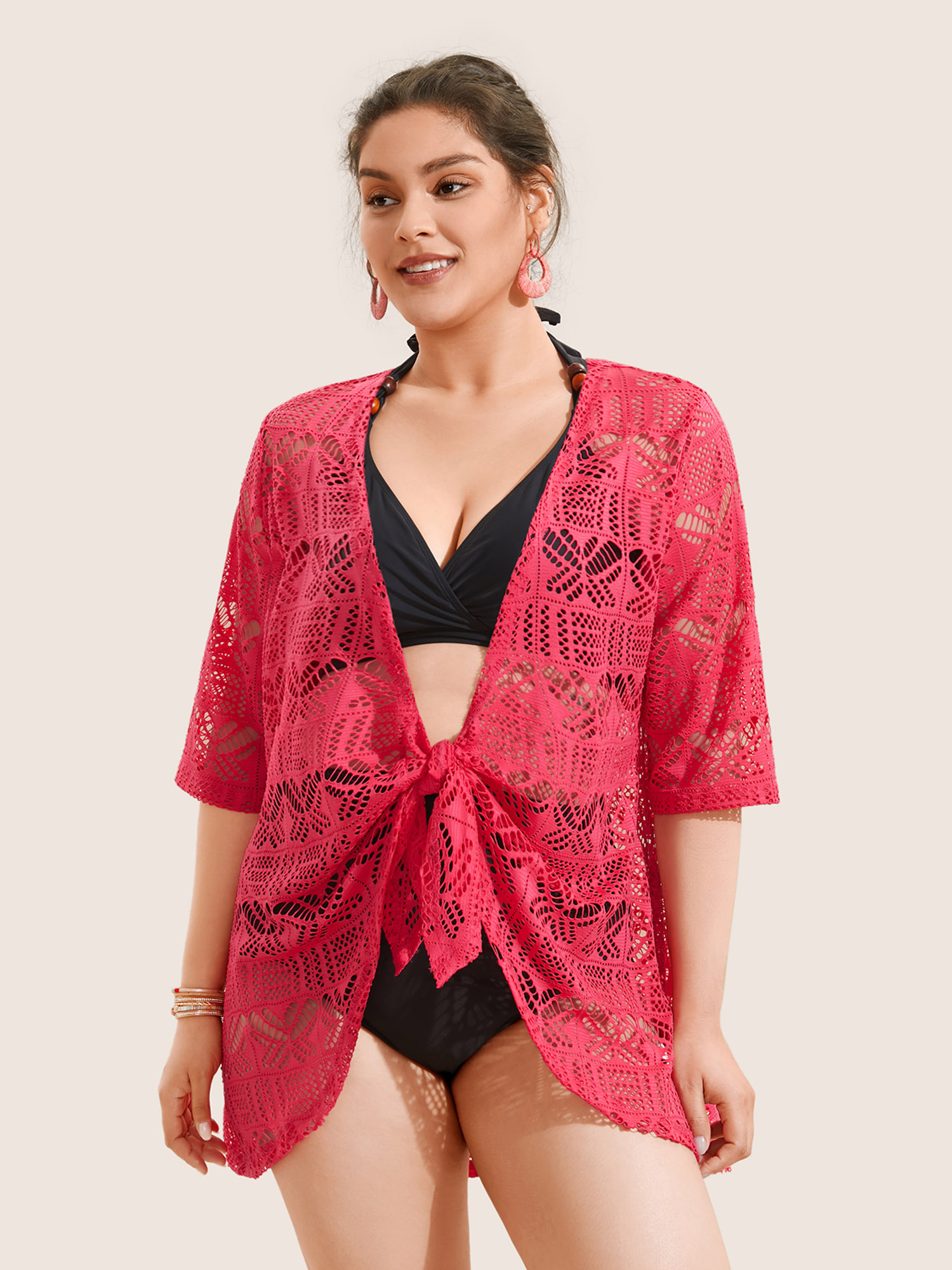 

Plus Size Synthetic Texture Cut Out Tie Knot Kimono Women RedViolet Resort Tie knot Vacation Kimonos BloomChic