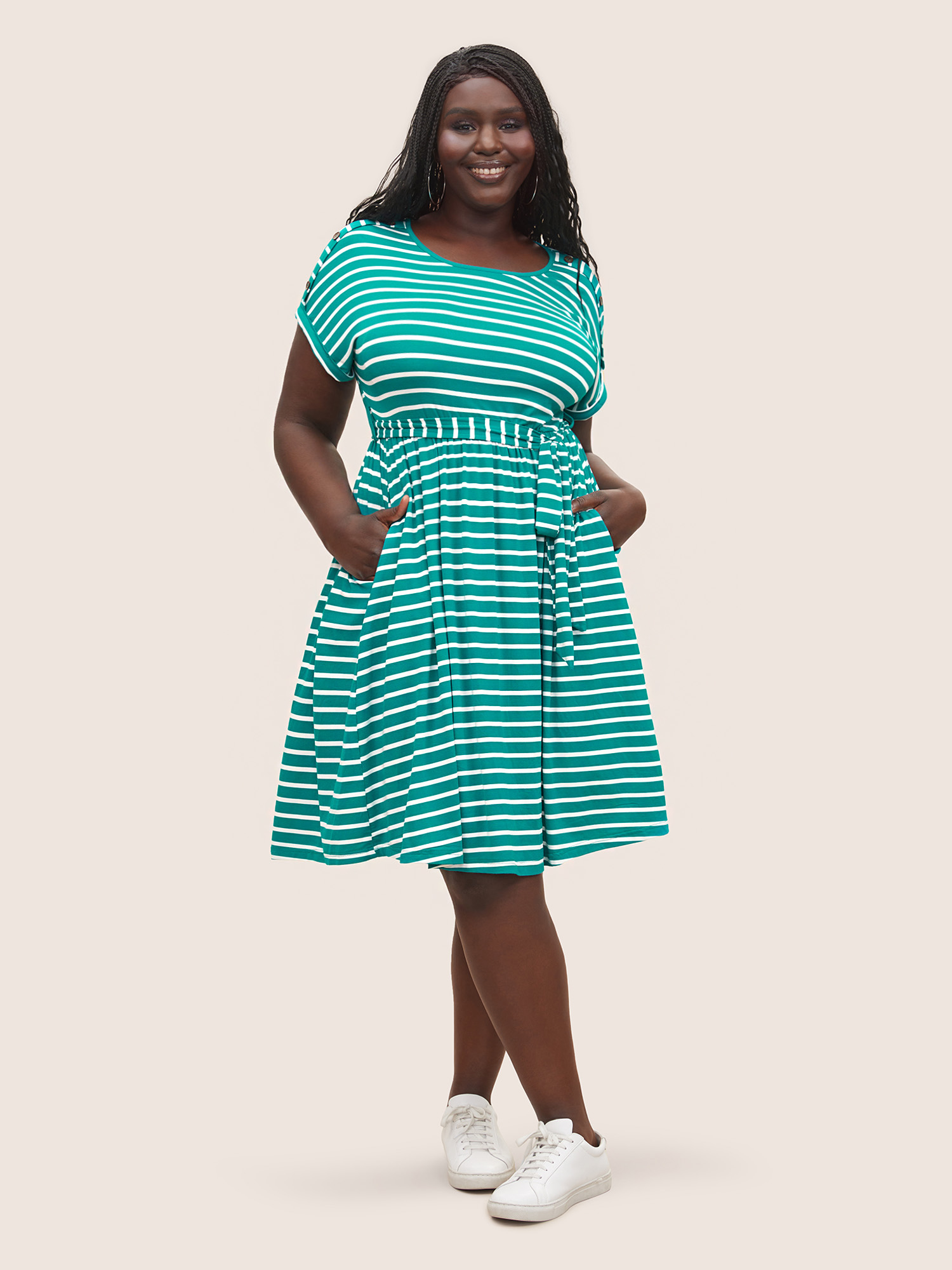 

Plus Size Supersoft Essentials Striped Dolman Sleeve Belted Dress Turquoise Women Non Round Neck Short sleeve Curvy Midi Dress BloomChic