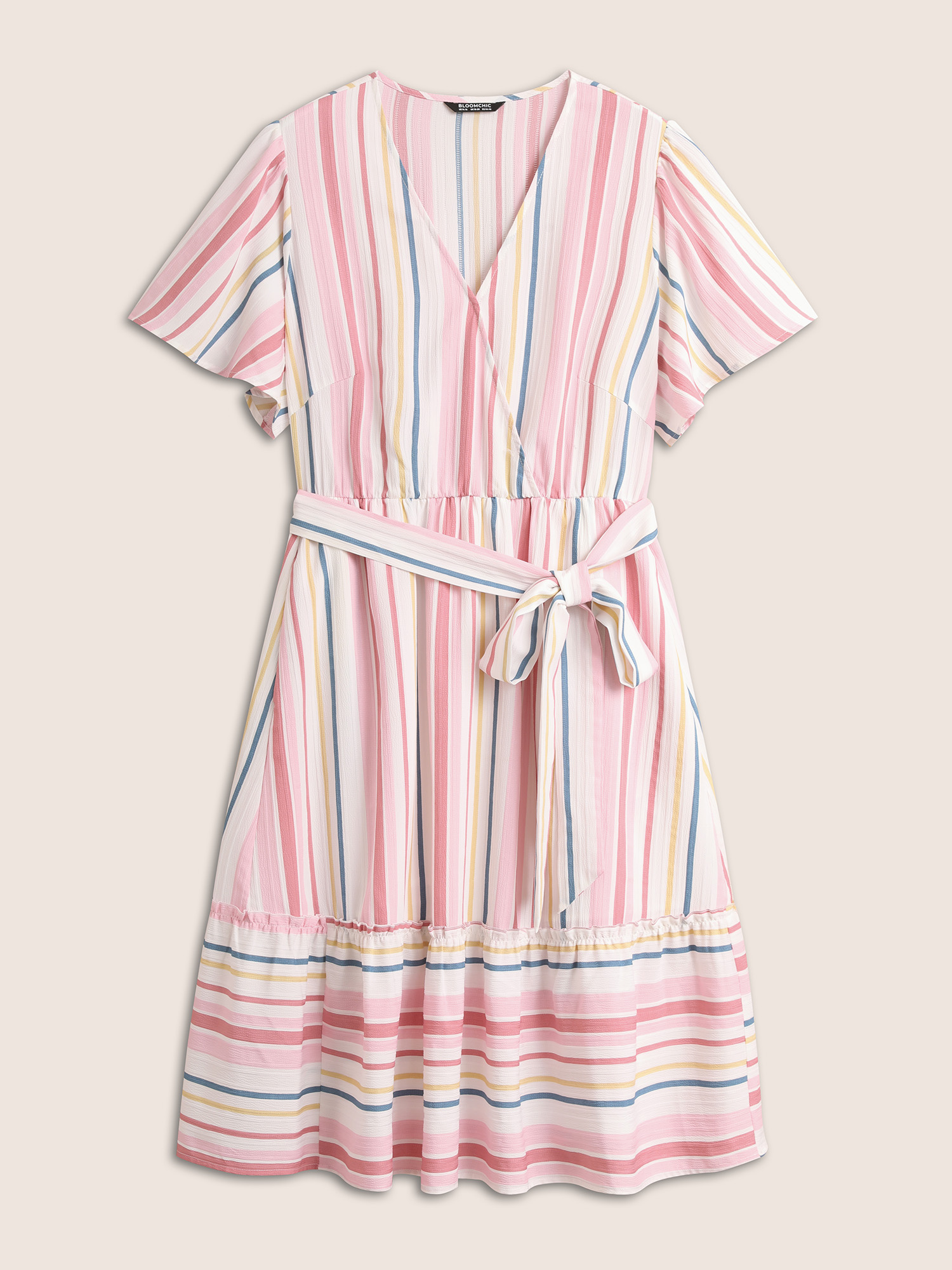

Plus Size Striped Wrap Patchwork Belted Frill Trim Dress White Women Casual Non Overlap Collar Short sleeve Curvy Midi Dress BloomChic