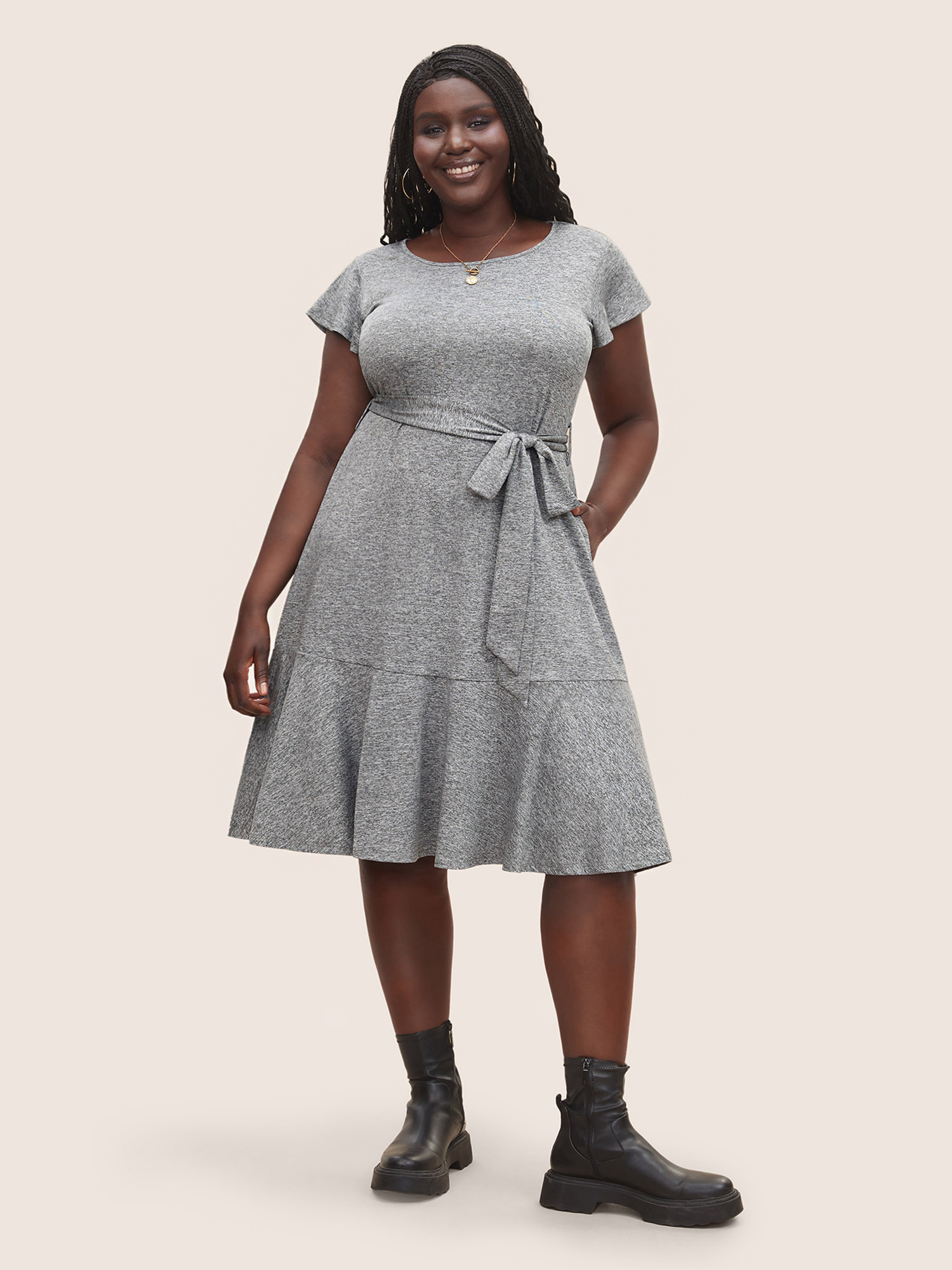 

Plus Size Solid Patchwork Ruffle Cap Sleeve Belted Dress Gray Women Basics Belted Curvy Midi Dress BloomChic