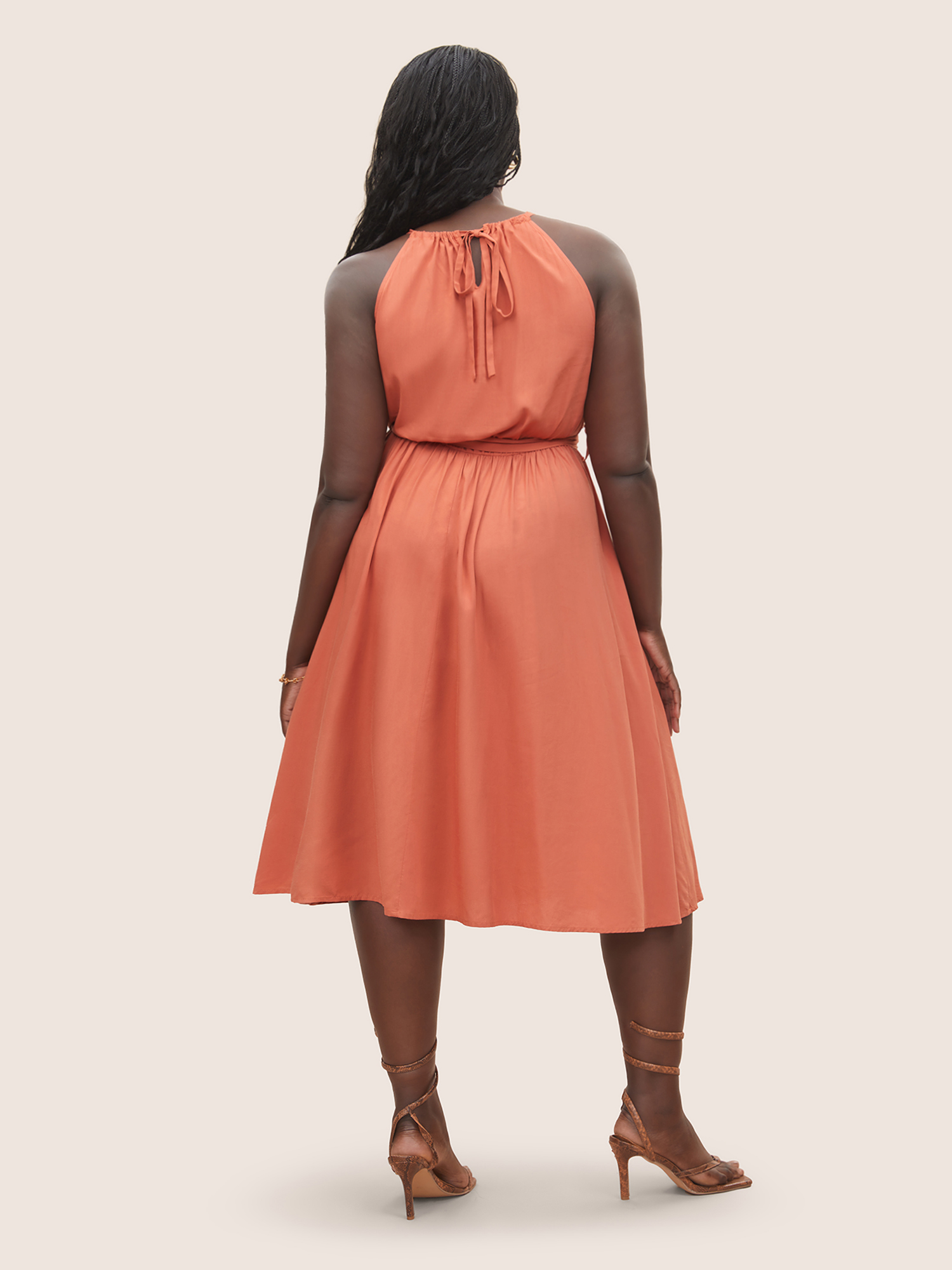 

Plus Size Supersoft Essentials Halter Lace Panel Belted Dress Rust Women Elegant Non Halter neck Sleeveless Curvy Midi Dress BloomChic