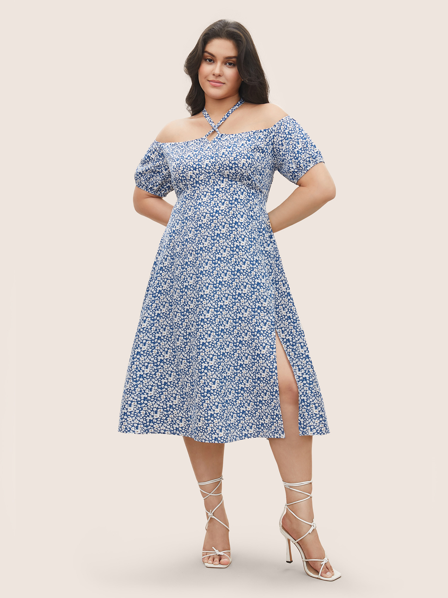 Plus Size Ditsy Floral One Shoulder Neck Cross Straps Dress Blue Women Non Curvy Midi Dress BloomChic 12/L 