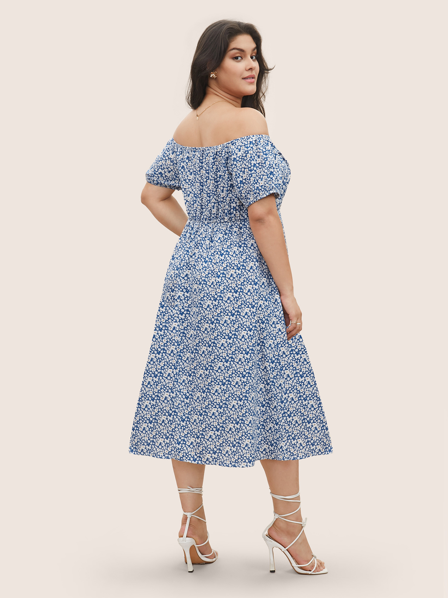 Plus Size Ditsy Floral One Shoulder Neck Cross Straps Dress Blue Women Non Curvy Midi Dress BloomChic 12/L 