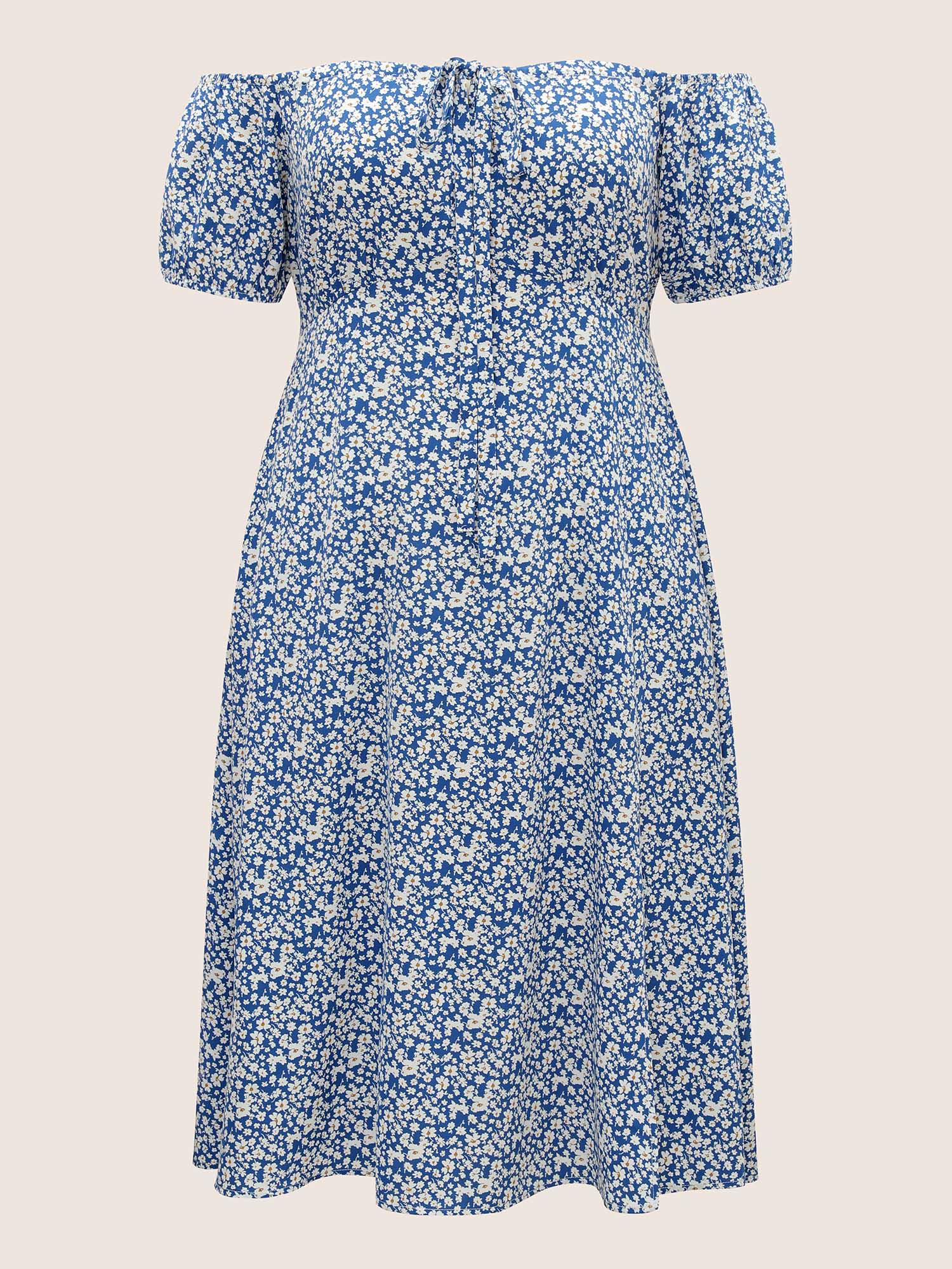 Plus Size Ditsy Floral One Shoulder Neck Cross Straps Dress Blue Women Non Curvy Midi Dress BloomChic 12/L 