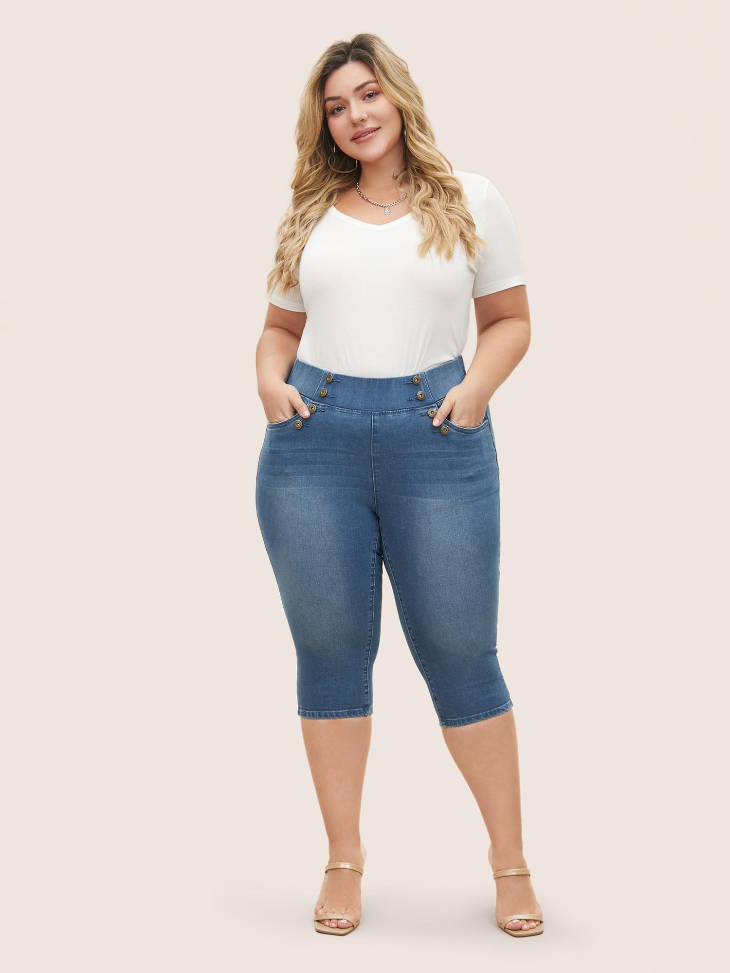 Plus Size Light Wash Button Detail Pull On Jegging Jeans Women Blue Casual Plain Non High stretch Slanted pocket Jeans BloomChic 30/6X 