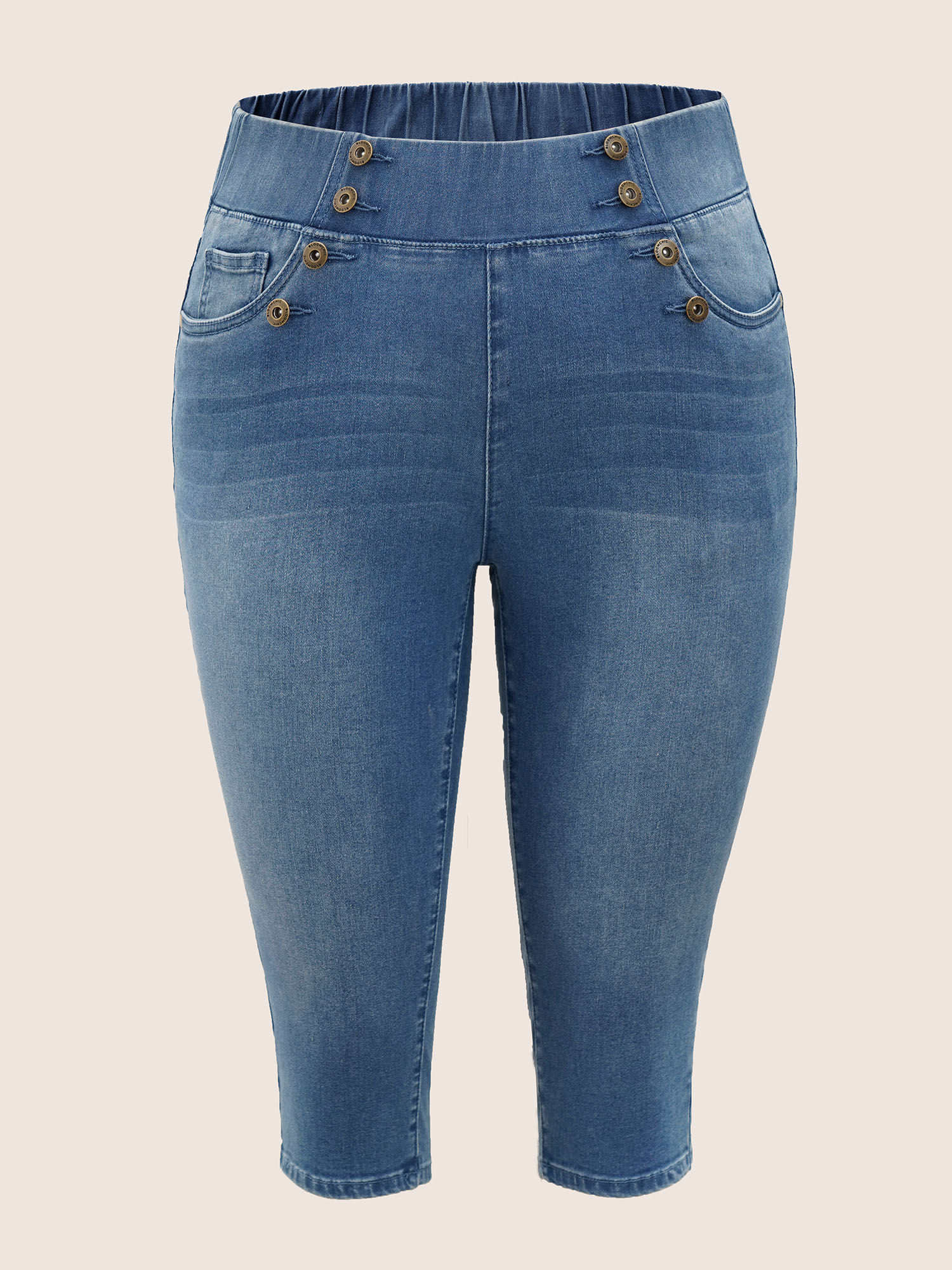 Plus Size Light Wash Button Detail Pull On Jegging Jeans Women Blue Casual Plain Non High stretch Slanted pocket Jeans BloomChic 30/6X 
