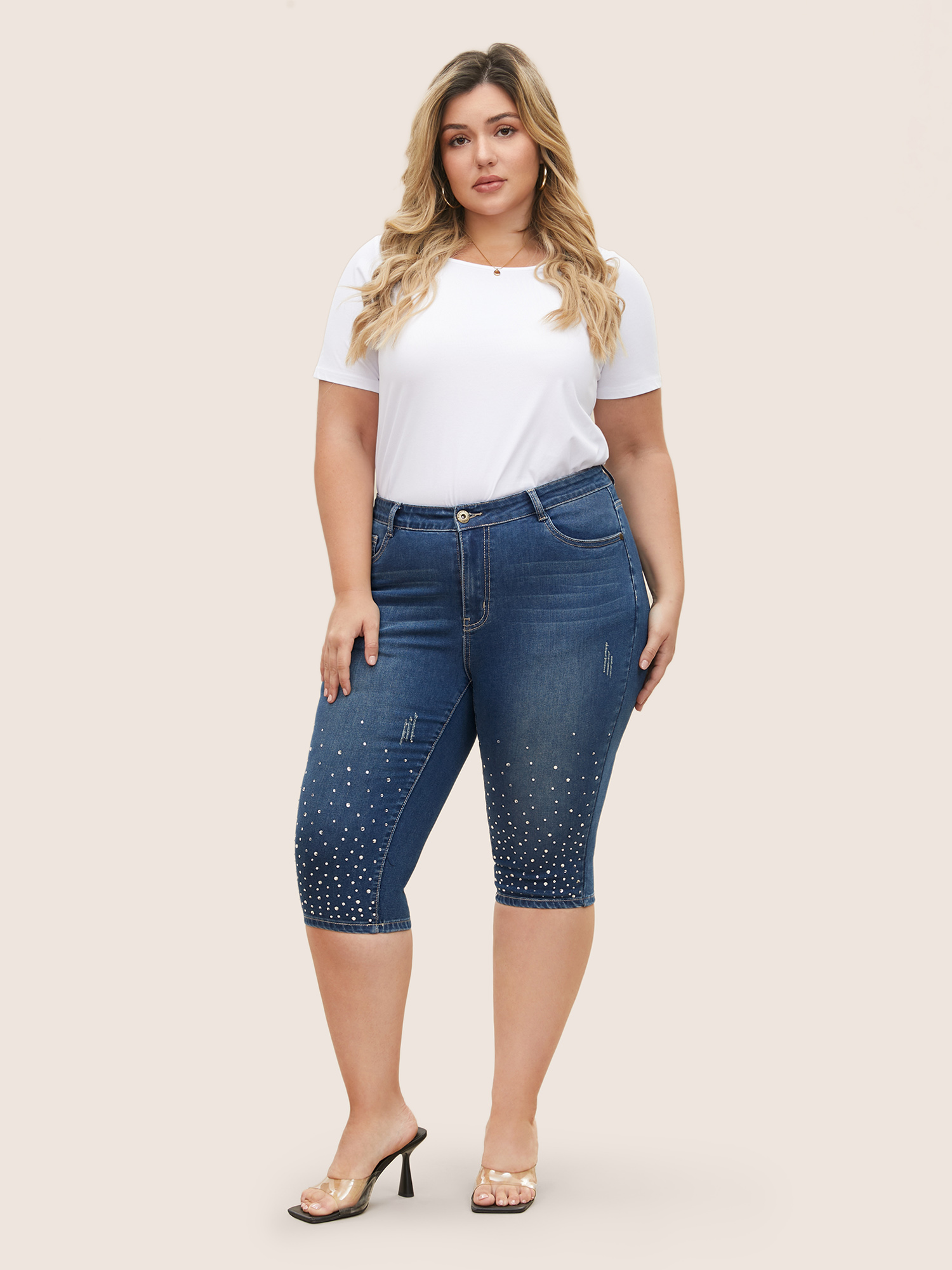 Plus Size Rhinestone Vintage Dark Wash Pull On Jegging Jeans Women Indigo Elegant Plain Non High stretch Slanted pocket Jeans BloomChic 24/3X 