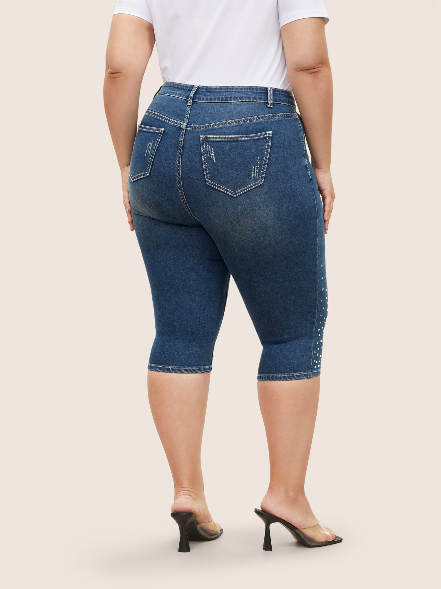 Plus Size Rhinestone Vintage Dark Wash Pull On Jegging Jeans Women Indigo Elegant Plain Non High stretch Slanted pocket Jeans BloomChic 24/3X 