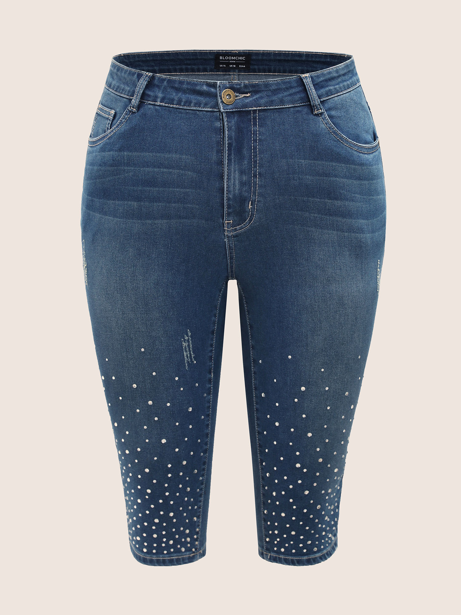Plus Size Rhinestone Vintage Dark Wash Pull On Jegging Jeans Women Indigo Elegant Plain Non High stretch Slanted pocket Jeans BloomChic 24/3X 